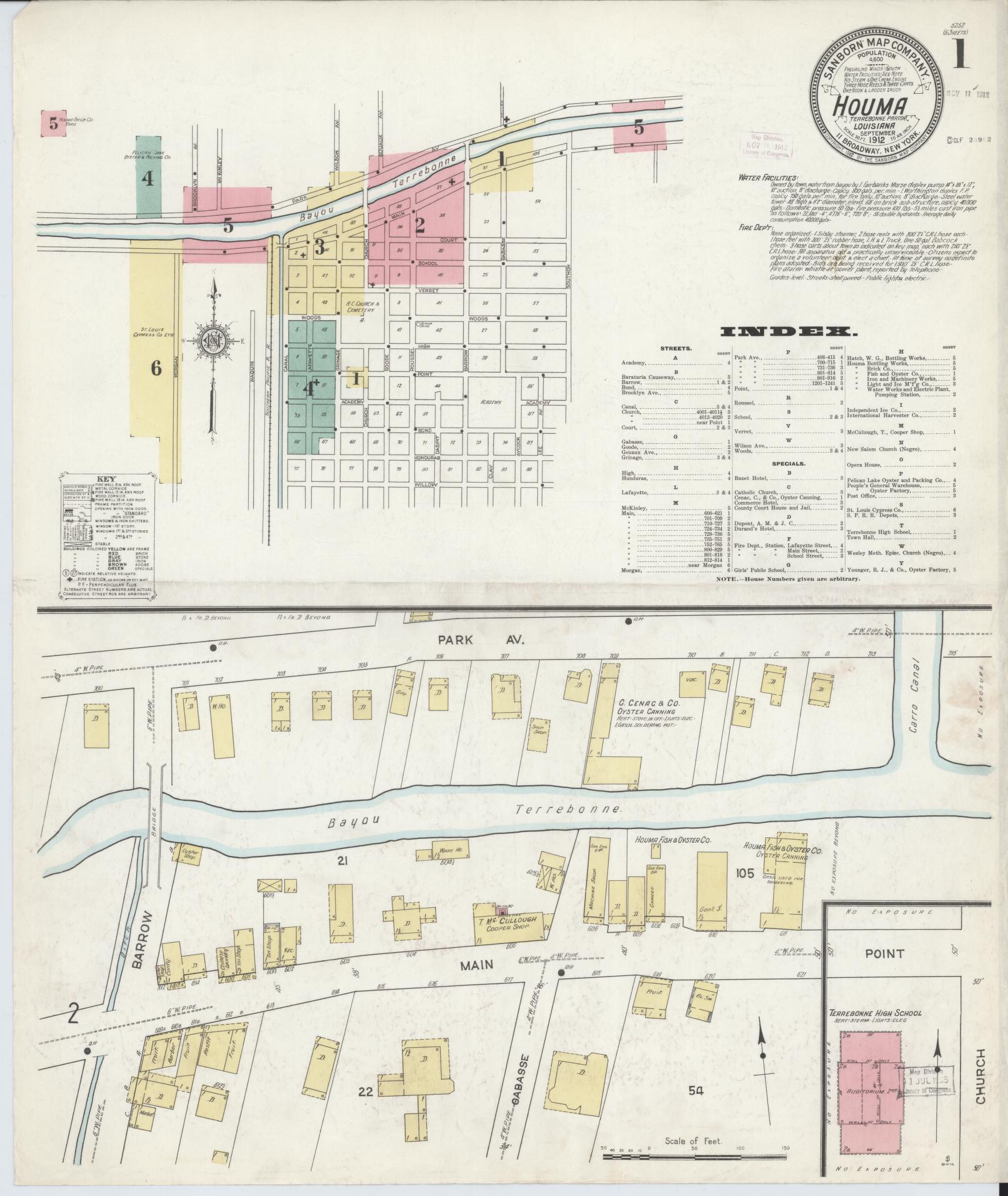 Sanborn Fire Insurance Map from Houma, Terrebonne Parish, Louisiana (1912), Sheet #0001 - Historic Sanborn Fire Insurance Map Print, vintage old map wall art, antique decor, genealogy gift, Louisiana Louisiana map