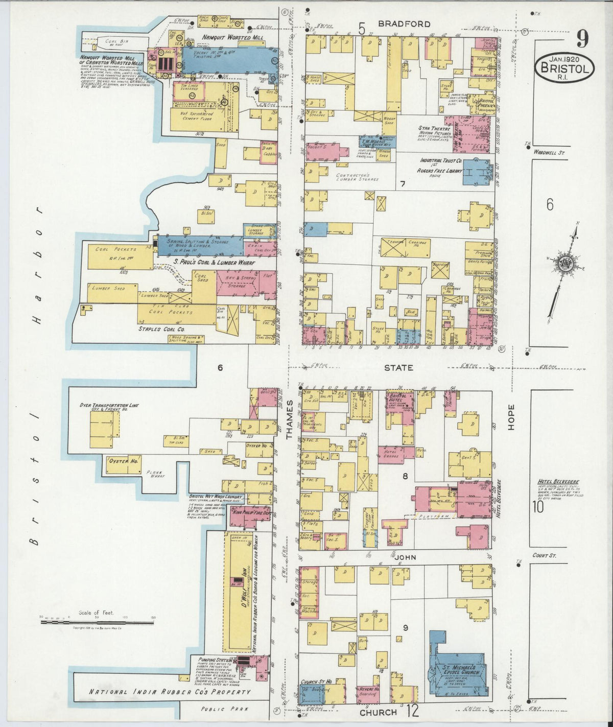 Sanborn Fire Insurance Map from Bristol, Bristol County, Rhode Island (1920), Sheet #0009 - Historic Sanborn Fire Insurance Map Print, vintage old map wall art, antique decor, genealogy gift, Rhode Island Rhode Island map