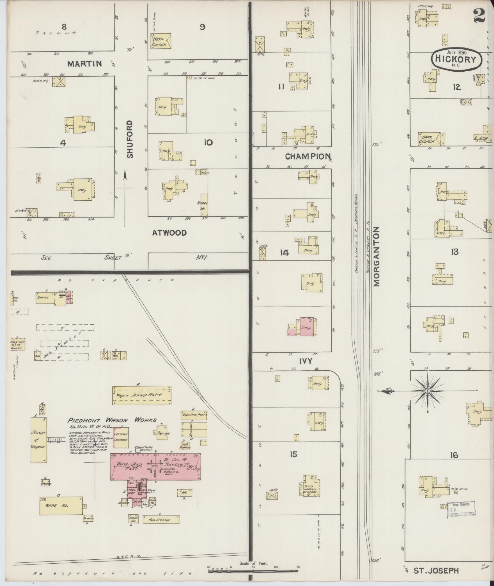 Sanborn Fire Insurance Map from Hickory, Catawba County, North Carolina (1890), Sheet #0002 - Complete Map Set gallery image, historic Sanborn map, vintage wall art, North Carolina North Carolina
