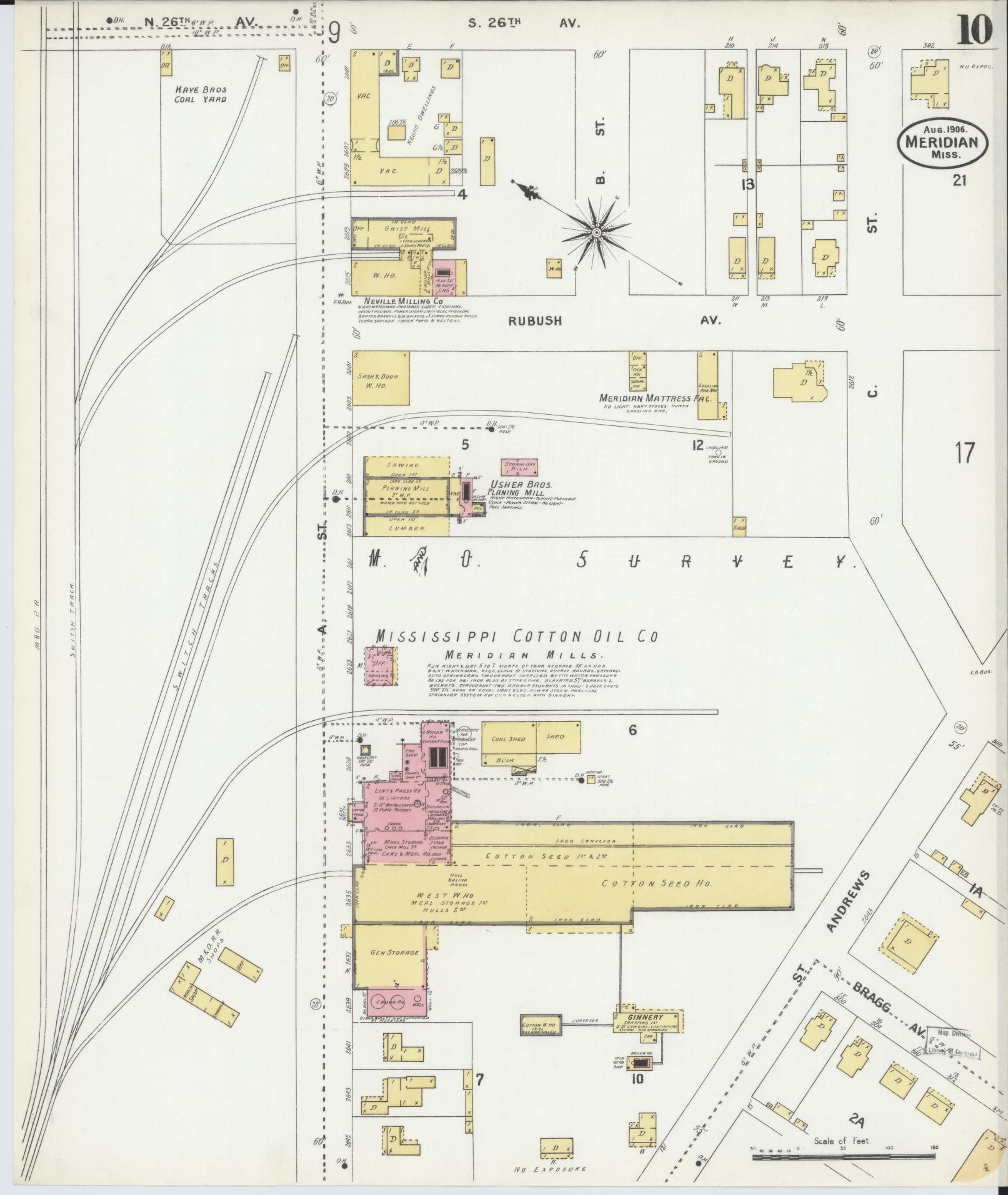 Sanborn Fire Insurance Map from Meridian, Lauderdale County, Mississippi (1906), Sheet #0010 - Historic Sanborn Fire Insurance Map Print, vintage old map wall art, antique decor, genealogy gift, Mississippi Mississippi map