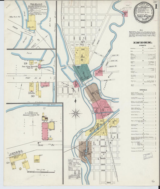 Sanborn Fire Insurance Map from Three Rivers, Saint Joseph County, Michigan (1893), Sheet #0001 - Complete Map Set gallery image, historic Sanborn map, vintage wall art, Michigan Michigan