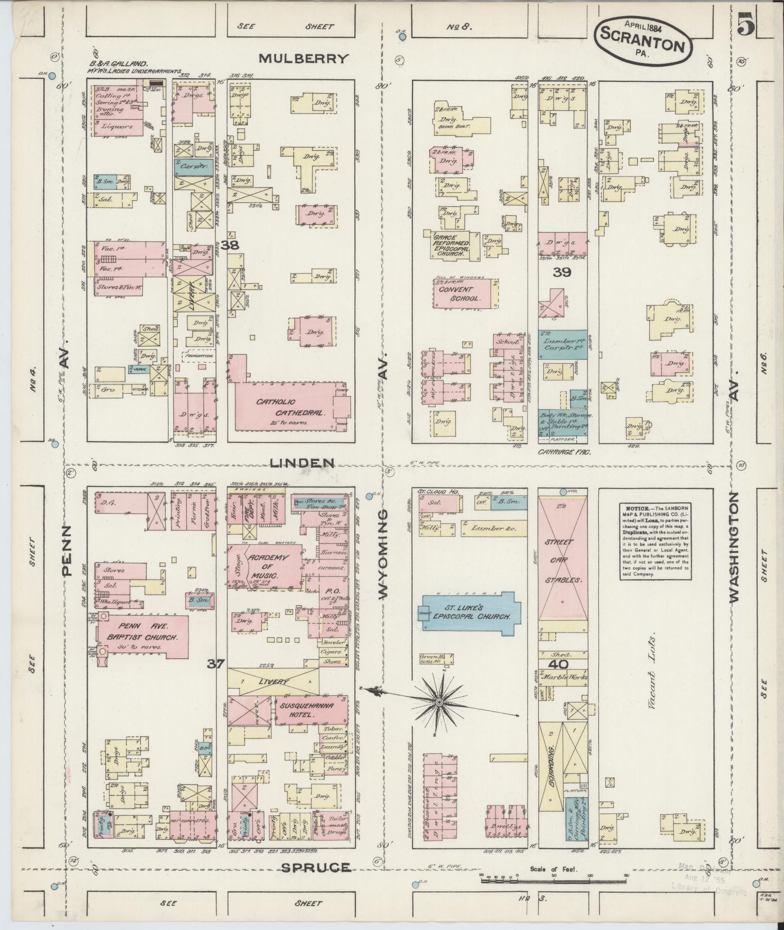 Sanborn Fire Insurance Map from Scranton, Lackawanna County, Pennsylvania (1884), Sheet #0005 - Complete Map Set gallery image, historic Sanborn map, vintage wall art, Pennsylvania Pennsylvania