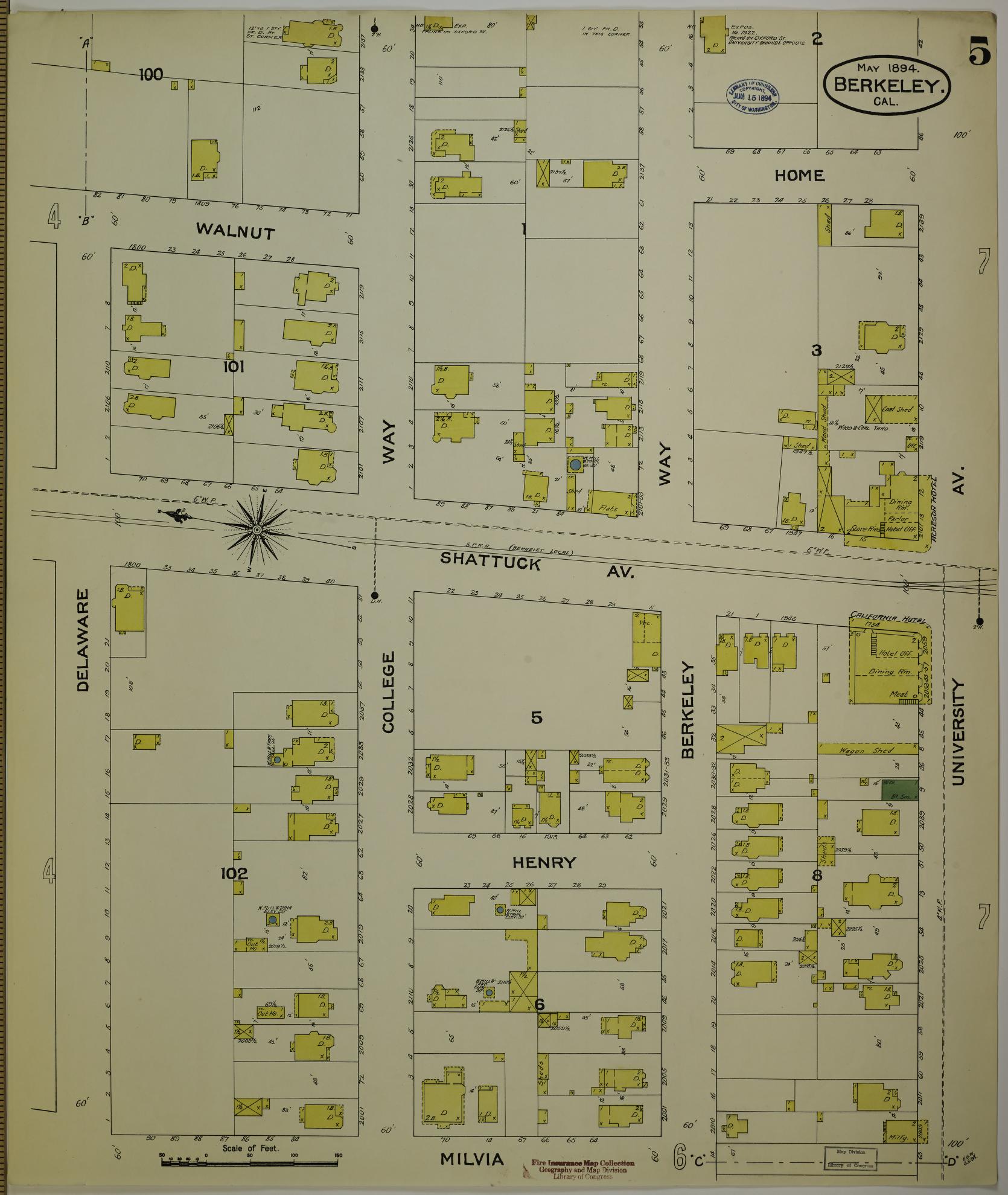 Sanborn Fire Insurance Map from Berkeley, Alameda County, California (1894), Sheet #0005 - Historic Sanborn Fire Insurance Map Print, vintage old map wall art, antique decor, genealogy gift, California California map