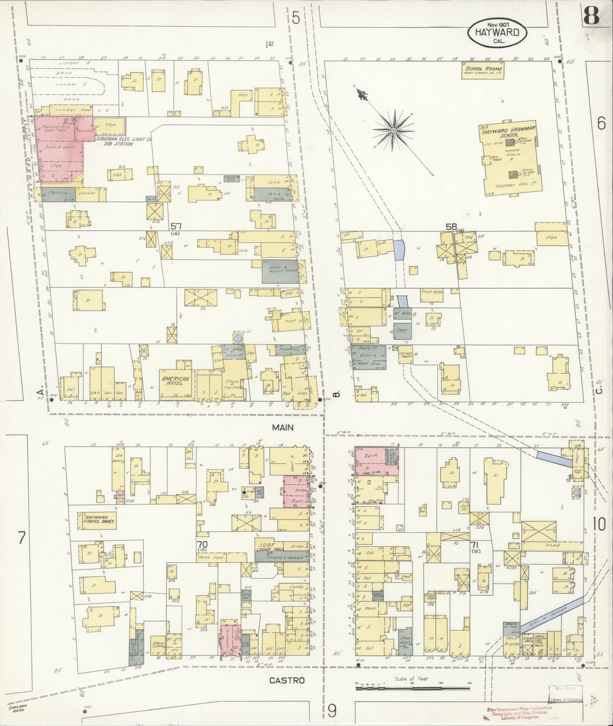 Sanborn Fire Insurance Map from Hayward, Alameda County, California (1907), Sheet #0008 - Complete Map Set gallery image, historic Sanborn map, vintage wall art, California California