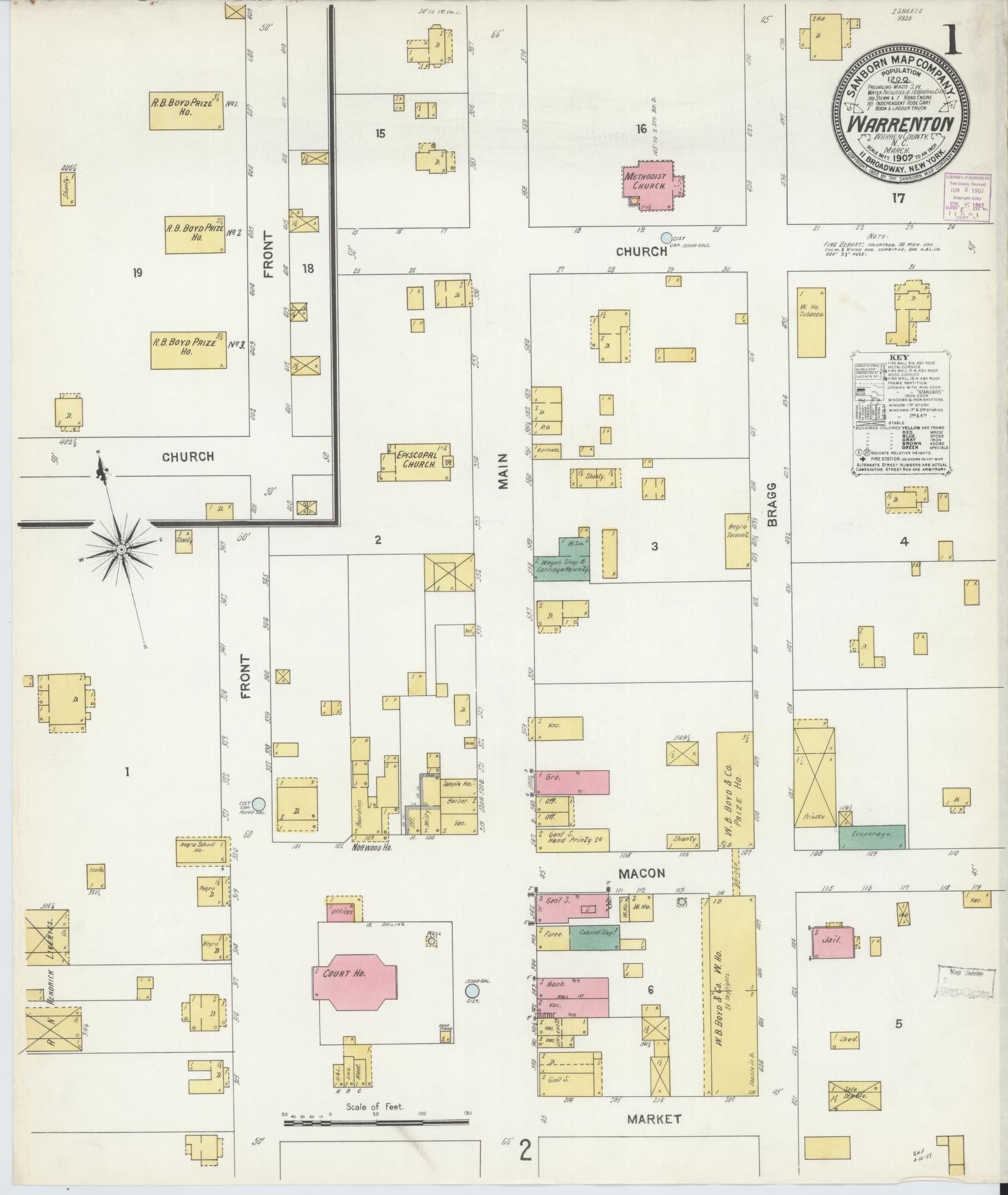 Sanborn Fire Insurance Map from Warrenton, Warren County, North Carolina (1907), Sheet #0001 - Complete Map Set gallery image, historic Sanborn map, vintage wall art, North Carolina North Carolina