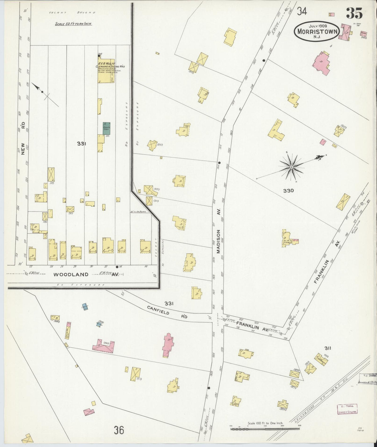 Sanborn Fire Insurance Map from Morristown, Morris County, New Jersey (1909), Sheet #0035 - Historic Sanborn Fire Insurance Map Print, vintage old map wall art, antique decor, genealogy gift, New Jersey New Jersey map