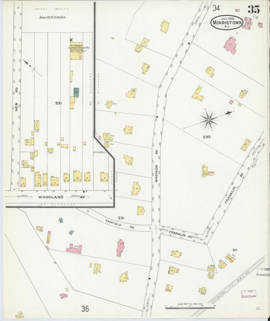 Sanborn Fire Insurance Map from Morristown, Morris County, New Jersey (1909), Sheet #0035 - Historic Sanborn Fire Insurance Map Print, vintage old map wall art, antique decor, genealogy gift, New Jersey New Jersey map