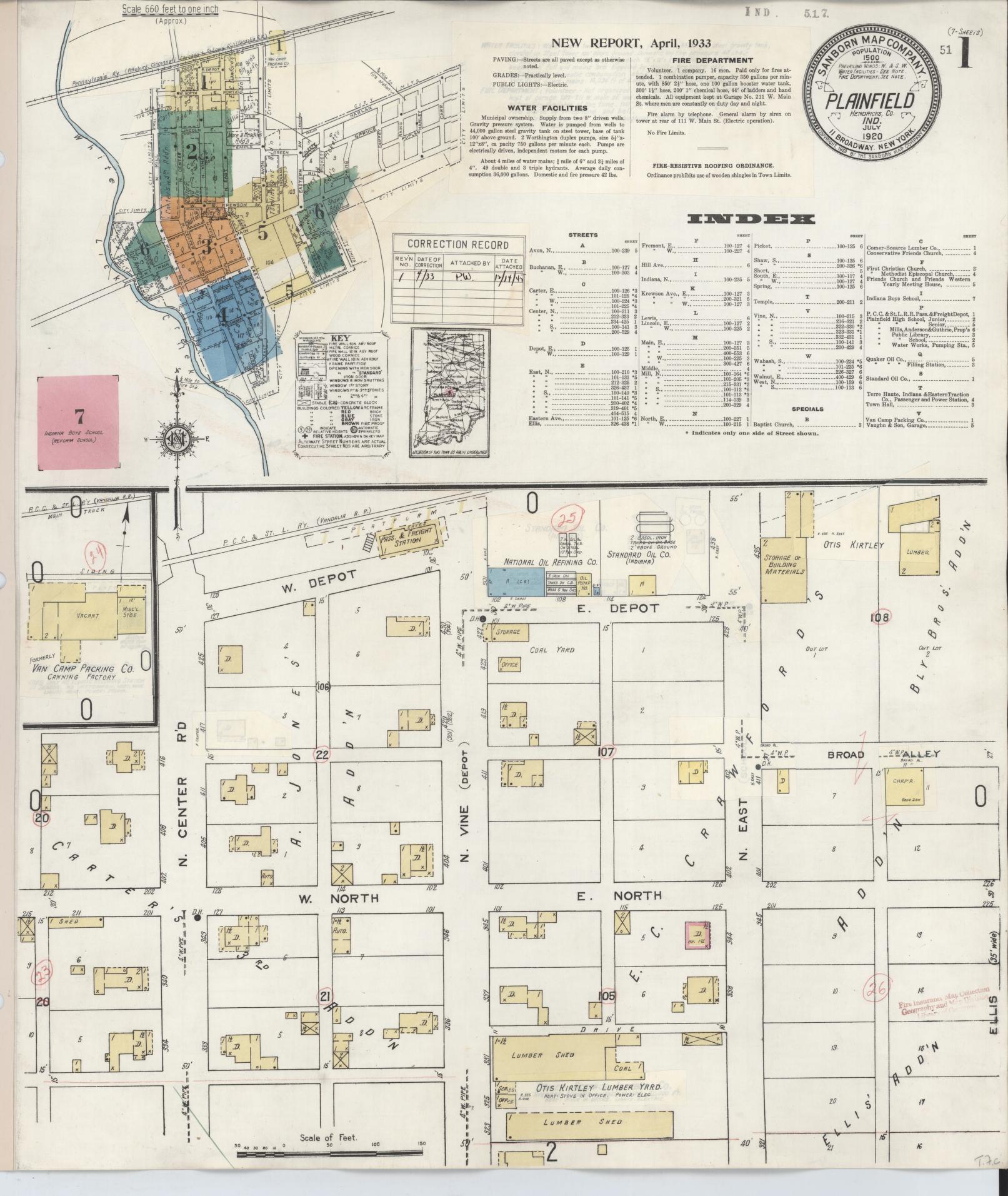 Sanborn Fire Insurance Map from Plainfield, Hendricks County, Indiana (1920), Sheet #0001 - Complete Map Set gallery image, historic Sanborn map, vintage wall art, Indiana Indiana