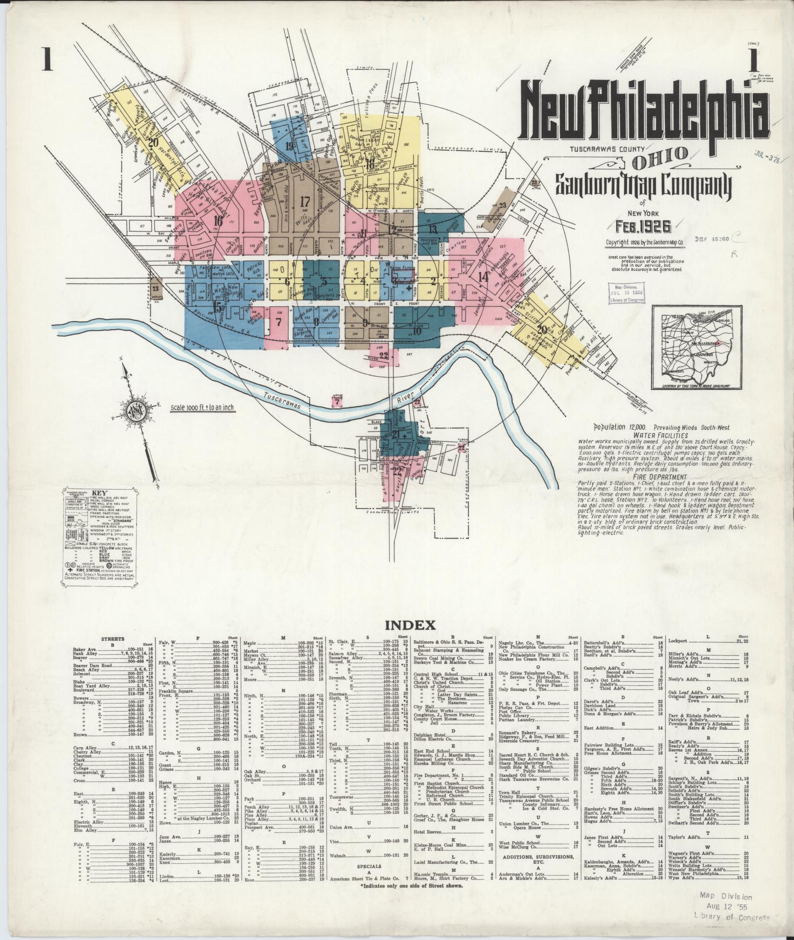 Sanborn Fire Insurance Map from New Philadelphia, Tuscarawas County, Ohio (1926), Sheet #0001 - Historic Sanborn Fire Insurance Map Print, vintage old map wall art, antique decor, genealogy gift, Ohio Ohio map