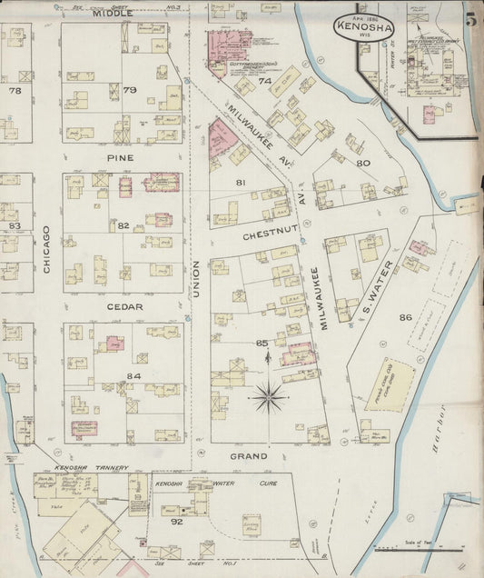 Sanborn Fire Insurance Map from Kenosha, Kenosha County, Wisconsin (1886), Sheet #0005 - Historic Sanborn Fire Insurance Map Print, vintage old map wall art, antique decor, genealogy gift, Wisconsin Wisconsin map