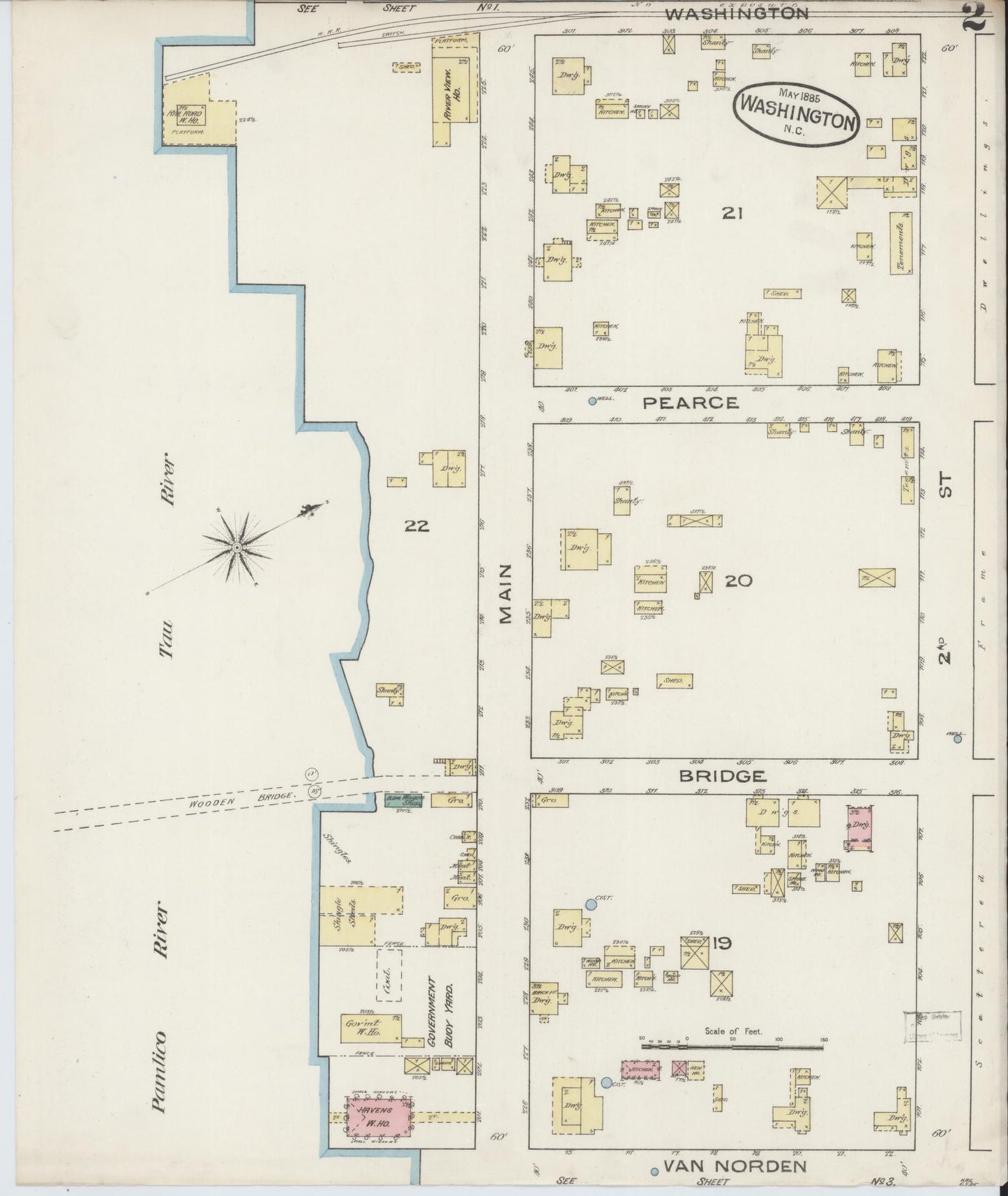 Sanborn Fire Insurance Map from Washington, Beaufort County, North Carolina (1885), Sheet #0002 - Historic Sanborn Fire Insurance Map Print, vintage old map wall art, antique decor, genealogy gift, Washington Washington map