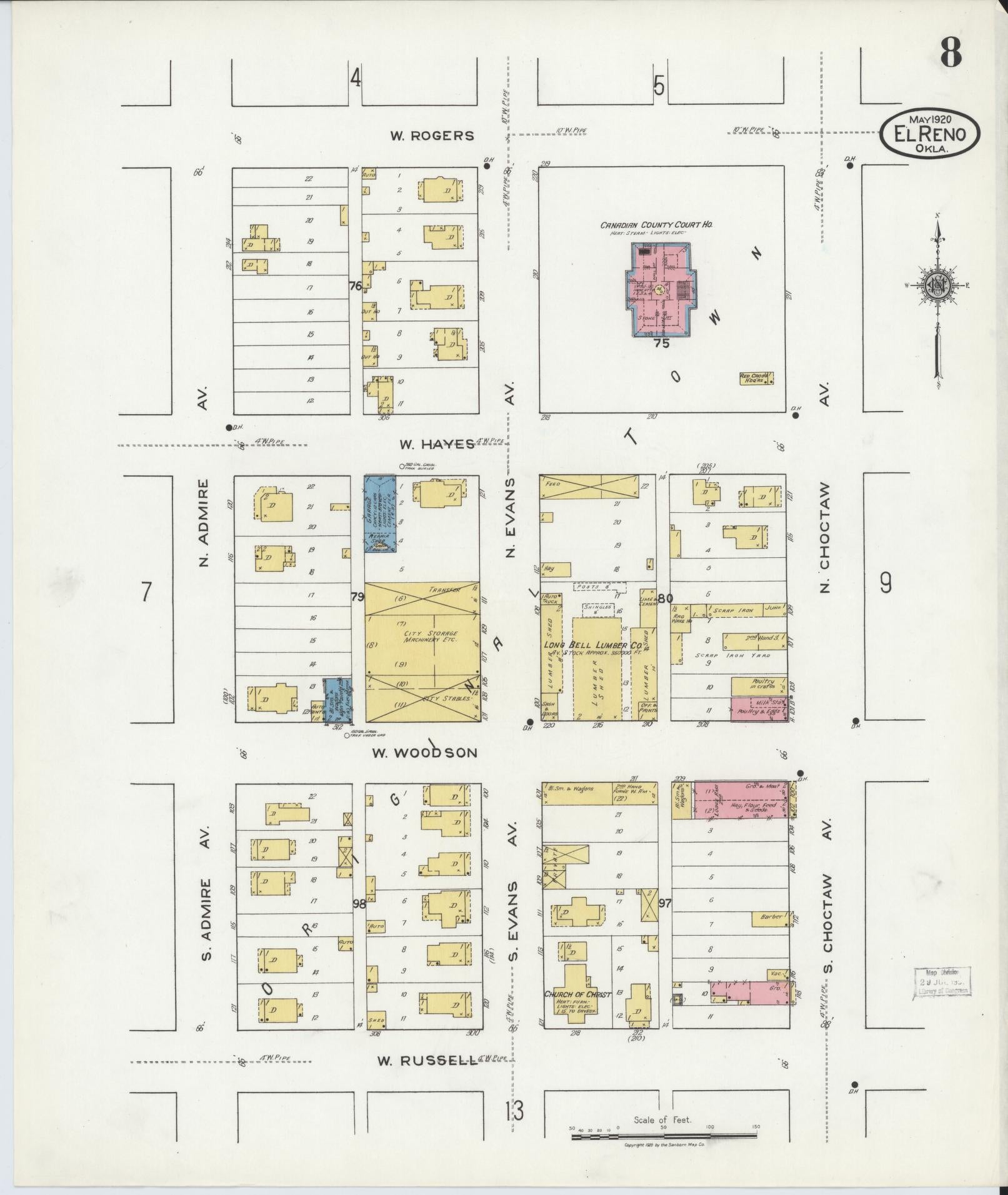 Sanborn Fire Insurance Map from El Reno, Canadian County, Oklahoma (1920), Sheet #0008 - Complete Map Set gallery image, historic Sanborn map, vintage wall art, Oklahoma Oklahoma