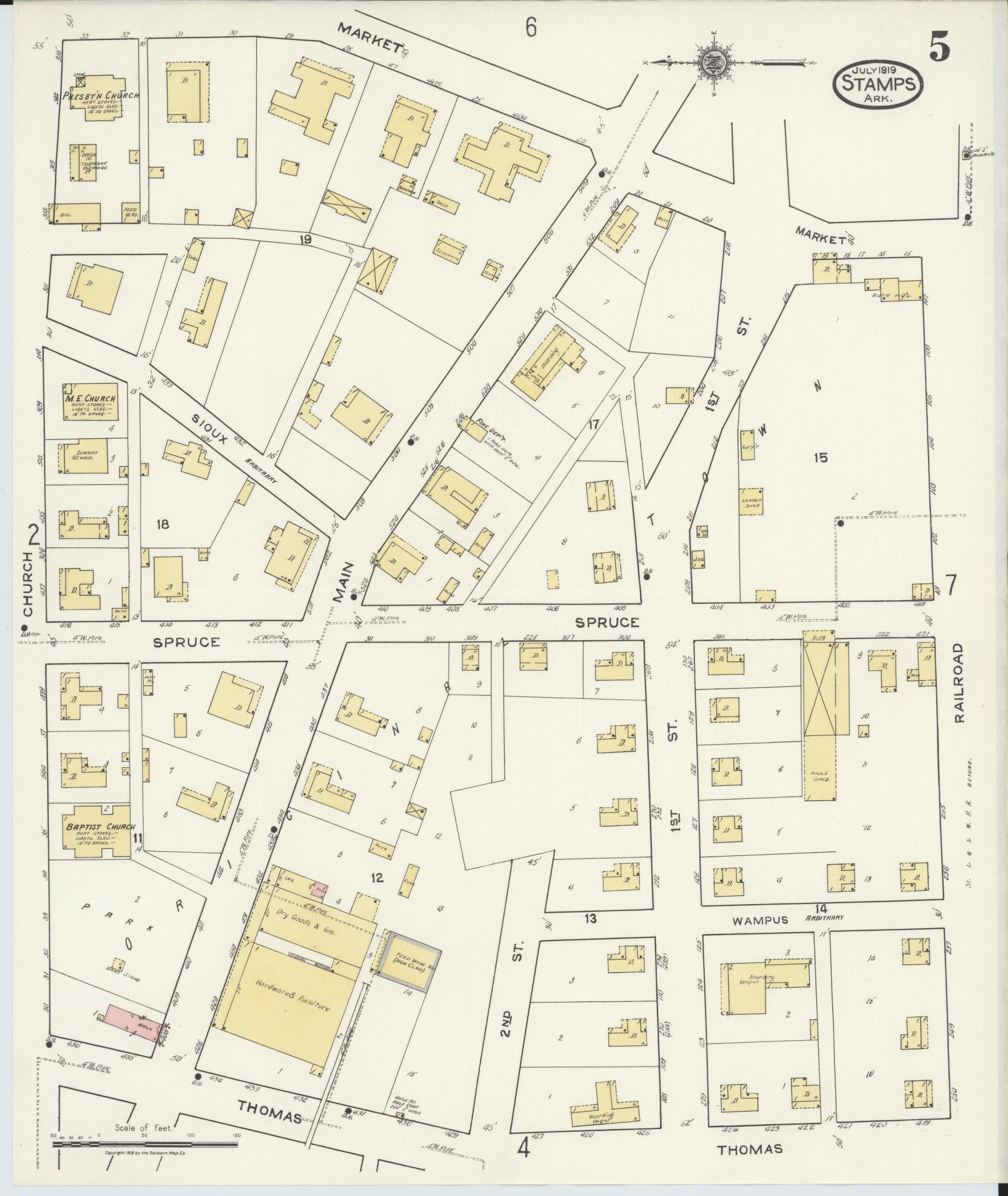 Sanborn Fire Insurance Map from Stamps, Lafayette County, Arkansas (1919), Sheet #0005 - Historic Sanborn Fire Insurance Map Print, vintage old map wall art, antique decor, genealogy gift, Arkansas Arkansas map