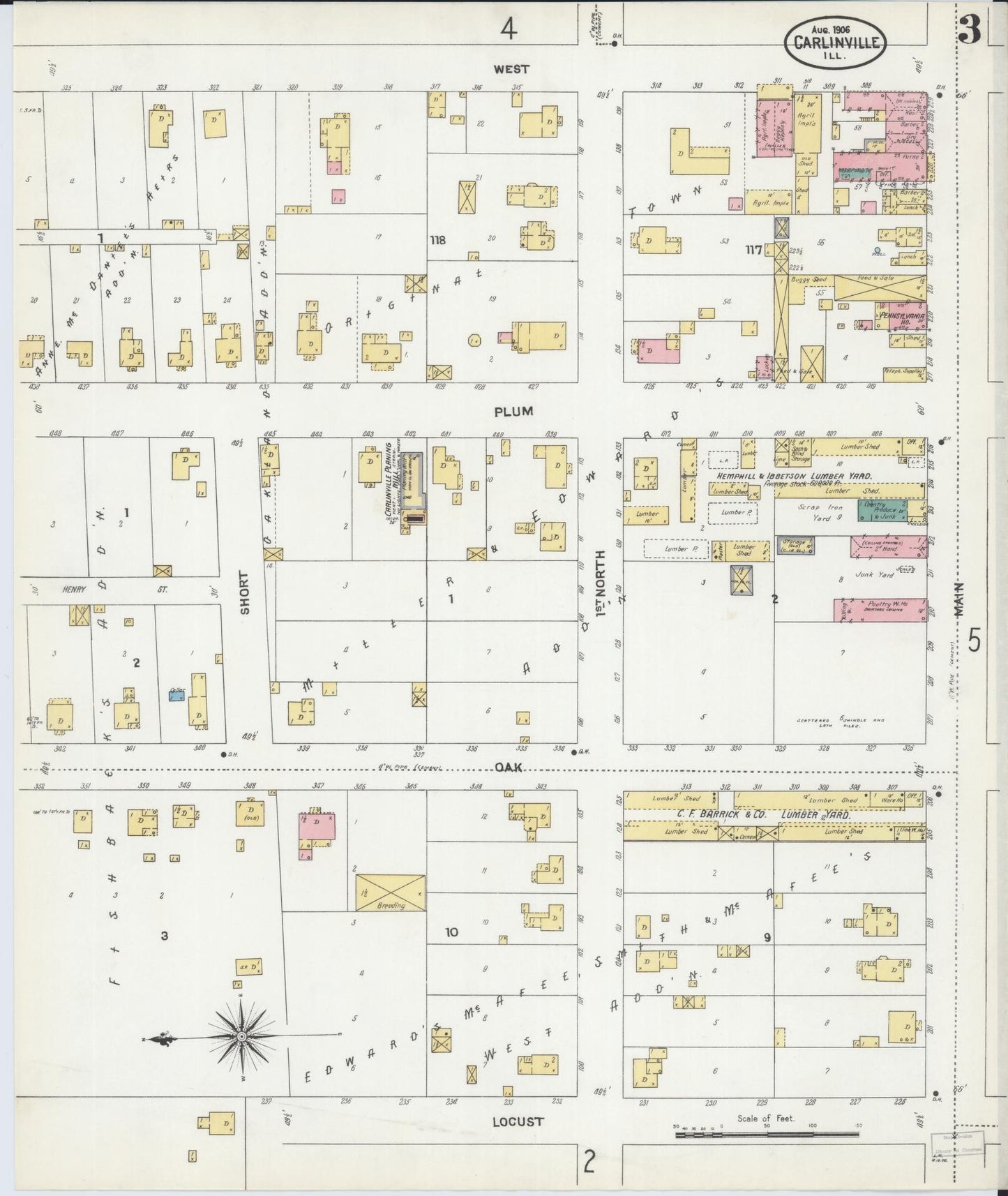 Sanborn Fire Insurance Map from Carlinville, Macoupin County, Illinois (1906), Sheet #0003 - Complete Map Set gallery image, historic Sanborn map, vintage wall art, Illinois Illinois