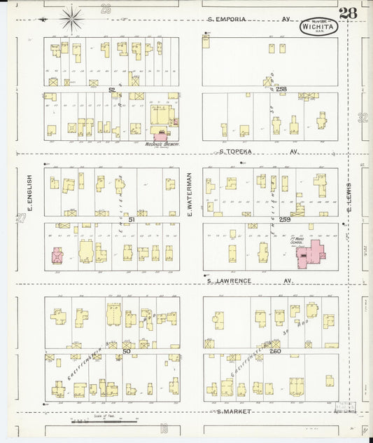 Sanborn Fire Insurance Map from Wichita, Sedgwick County, Kansas (1892), Sheet #0028 - Historic Sanborn Fire Insurance Map Print, vintage old map wall art, antique decor, genealogy gift, Kansas Kansas map