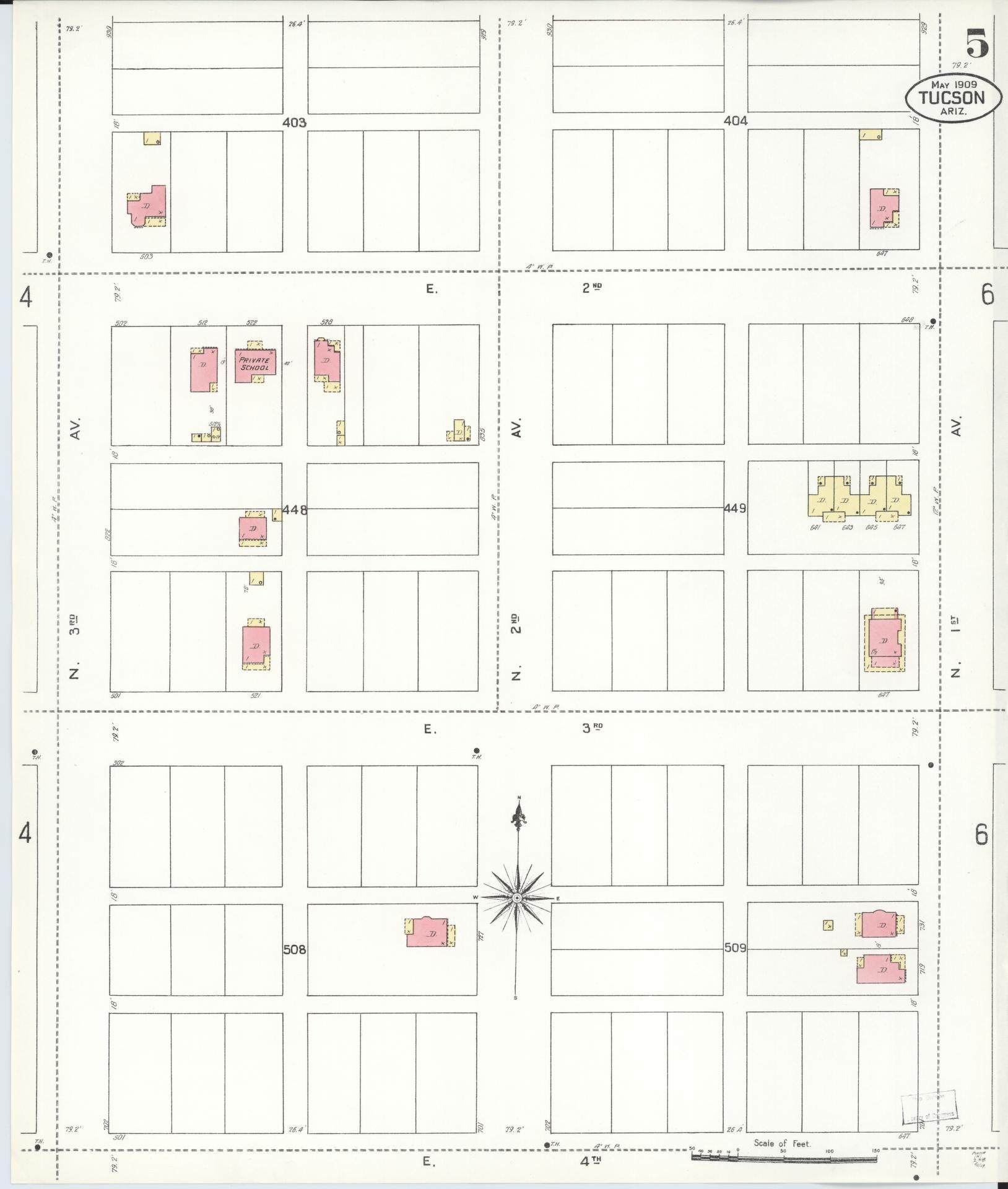 Sanborn Fire Insurance Map from Tucson, Pima County, Arizona (1909), Sheet #0005 - Historic Sanborn Fire Insurance Map Print, vintage old map wall art, antique decor, genealogy gift, Arizona Arizona map