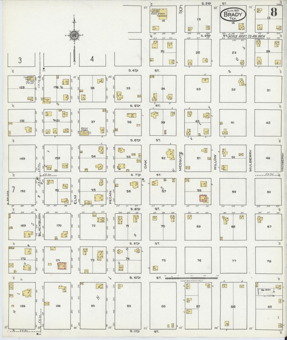 Sanborn Fire Insurance Map from Brady, McCulloch County, Texas (1921), Sheet #0008 - Complete Map Set gallery image, historic Sanborn map, vintage wall art, Texas Texas