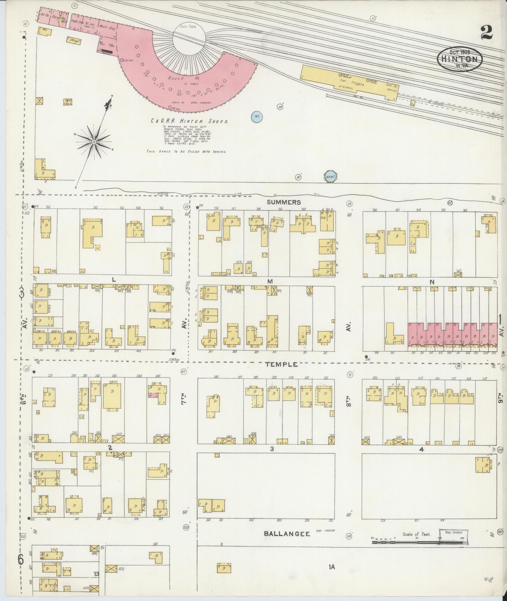 Sanborn Fire Insurance Map from Hinton, Summer County, West Virginia (1905), Sheet #0002 - Historic Sanborn Fire Insurance Map Print, vintage old map wall art, antique decor, genealogy gift, West Virginia West Virginia map