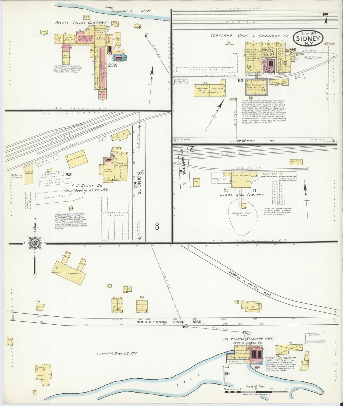 Sanborn Fire Insurance Map from Sidney, Delaware County, New York (1917), Sheet #0007 - Historic Sanborn Fire Insurance Map Print, vintage old map wall art, antique decor, genealogy gift, Sidney Delaware map