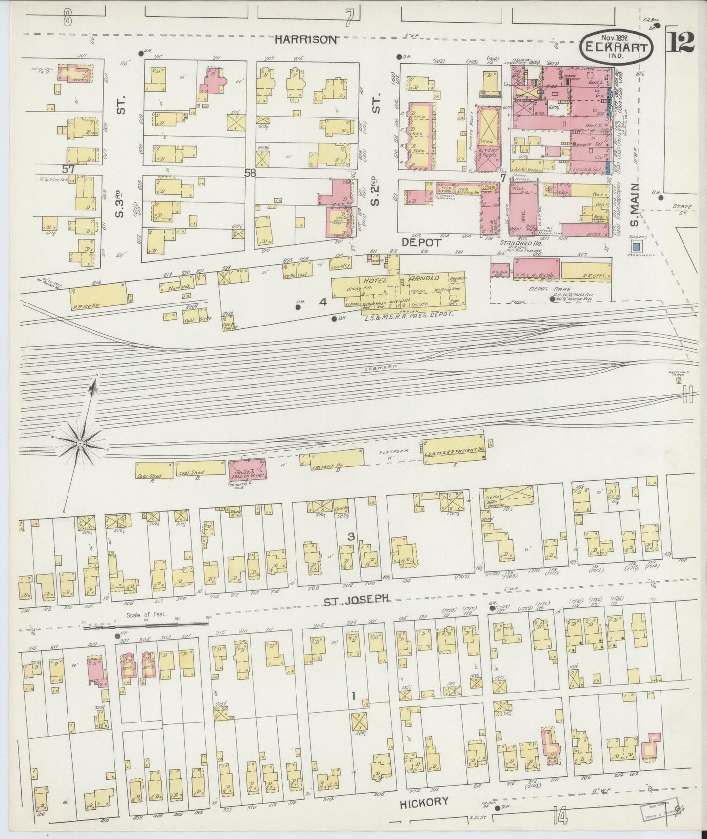 Sanborn Fire Insurance Map from Elkhart, Elkhart County, Indiana (1892), Sheet #0012 - Historic Sanborn Fire Insurance Map Print, vintage old map wall art, antique decor, genealogy gift, Indiana Indiana map