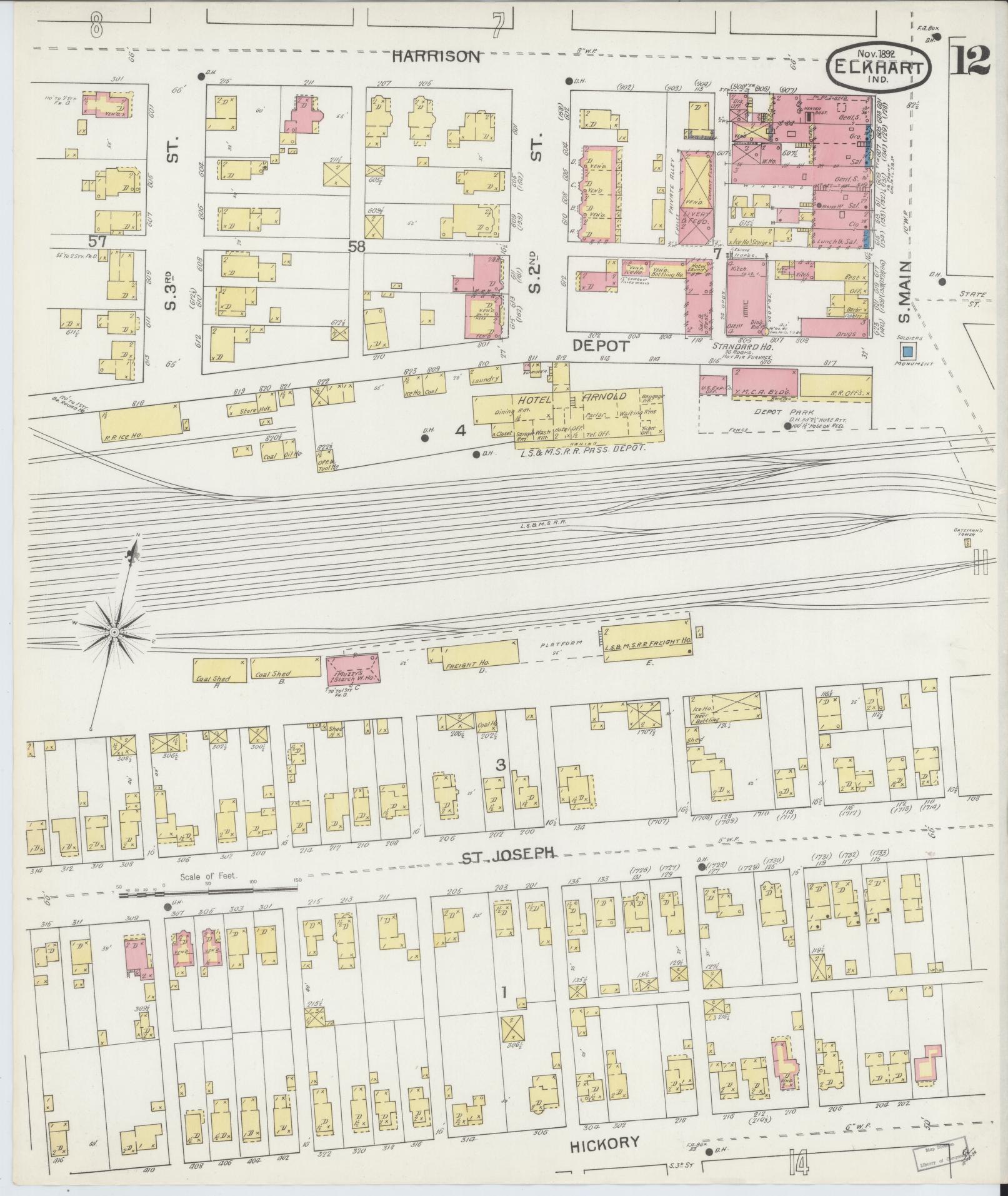 Sanborn Fire Insurance Map from Elkhart, Elkhart County, Indiana (1892), Sheet #0012 - Historic Sanborn Fire Insurance Map Print, vintage old map wall art, antique decor, genealogy gift, Indiana Indiana map