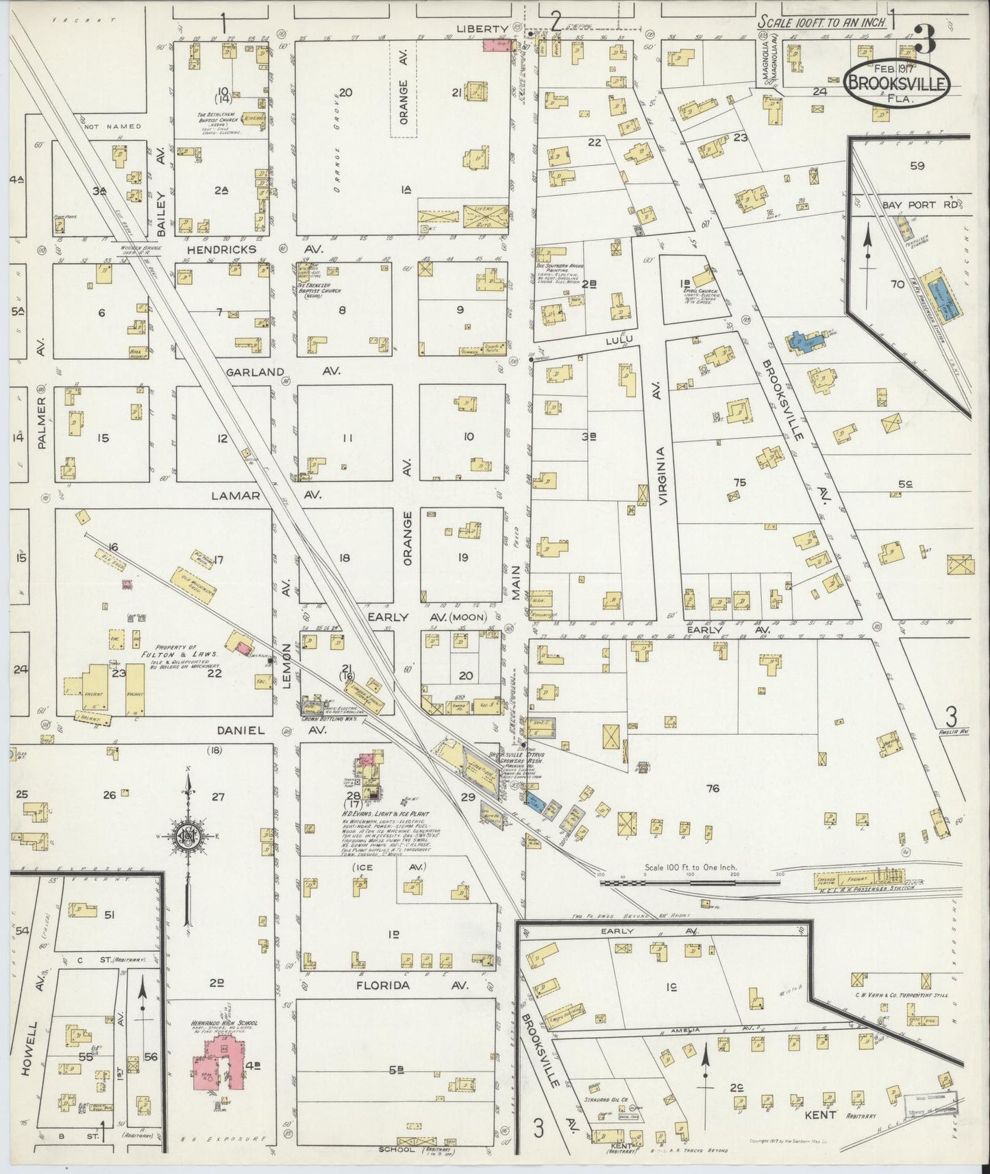Sanborn Fire Insurance Map from Brooksville, Hernando County, Florida (1917), Sheet #0003 - Historic Sanborn Fire Insurance Map Print, vintage old map wall art, antique decor, genealogy gift, Florida Florida map