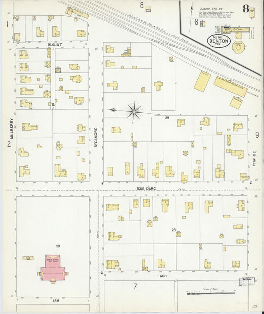 Sanborn Fire Insurance Map from Denton, Denton County, Texas (1901), Sheet #0008 - Historic Sanborn Fire Insurance Map Print, vintage old map wall art, antique decor, genealogy gift, Texas Texas map