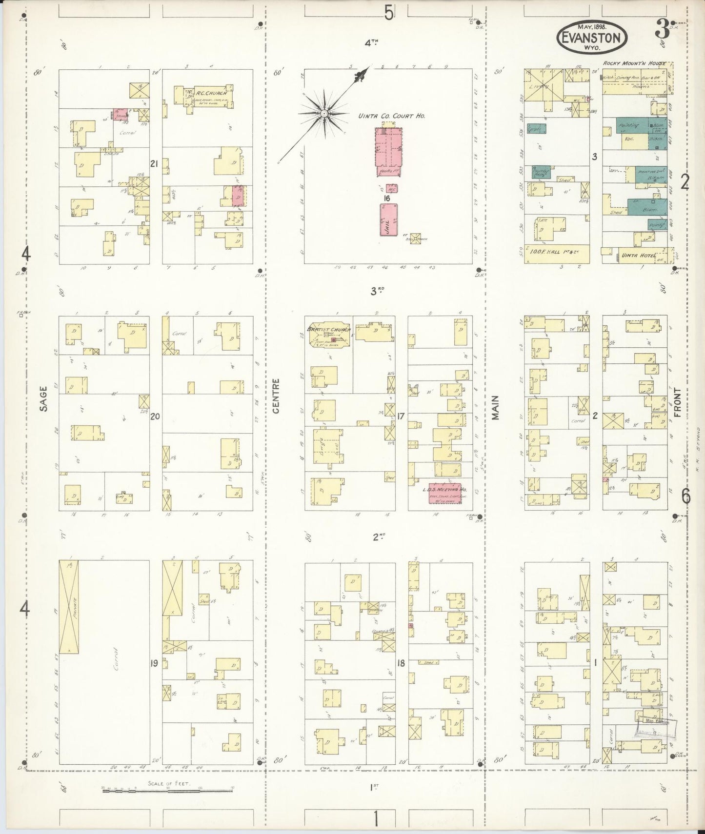 Sanborn Fire Insurance Map from Evanston, Uinta County, Wyoming (1898), Sheet #0003 - Historic Sanborn Fire Insurance Map Print, vintage old map wall art, antique decor, genealogy gift, Wyoming Wyoming map
