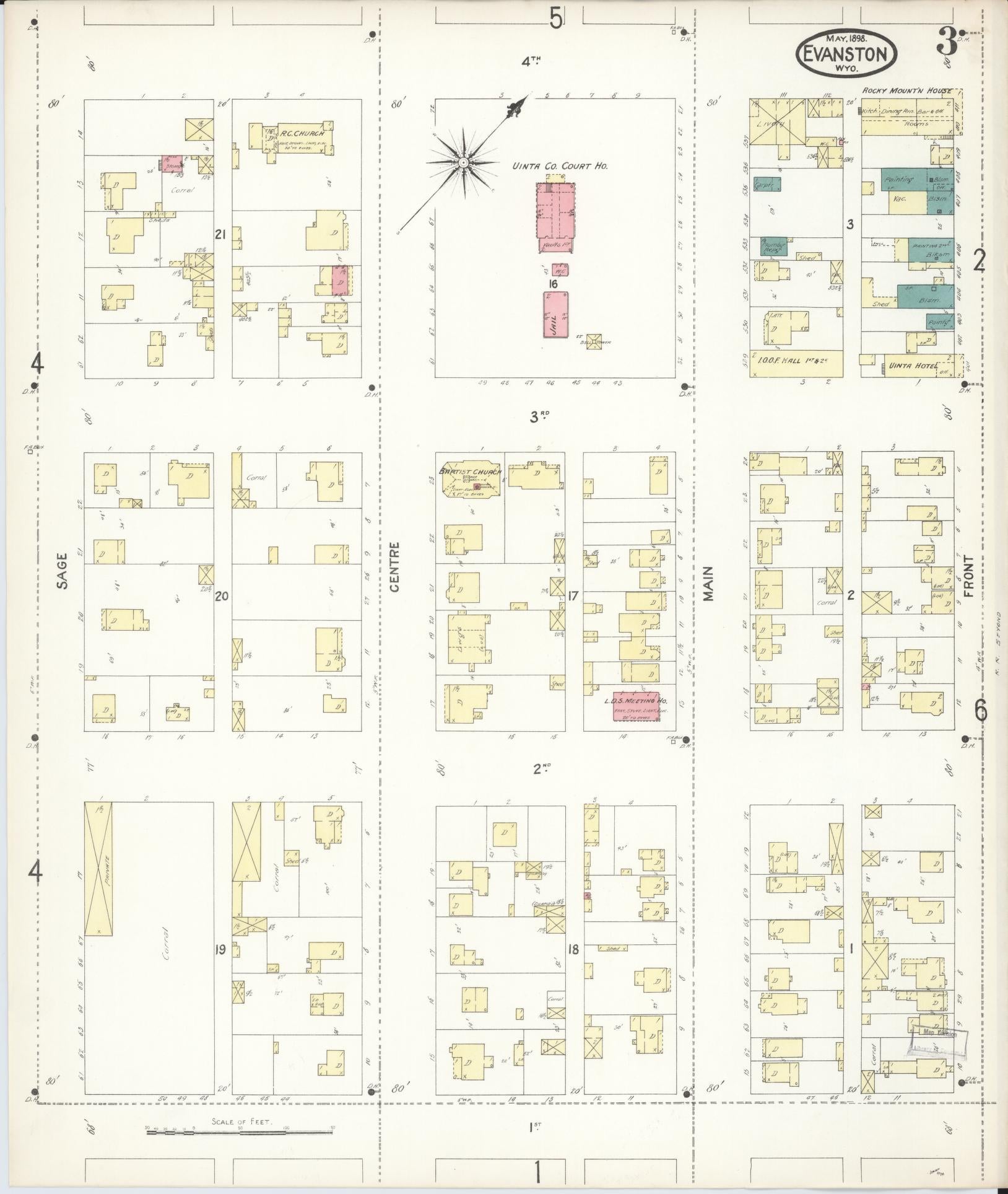 Sanborn Fire Insurance Map from Evanston, Uinta County, Wyoming (1898), Sheet #0003 - Historic Sanborn Fire Insurance Map Print, vintage old map wall art, antique decor, genealogy gift, Wyoming Wyoming map