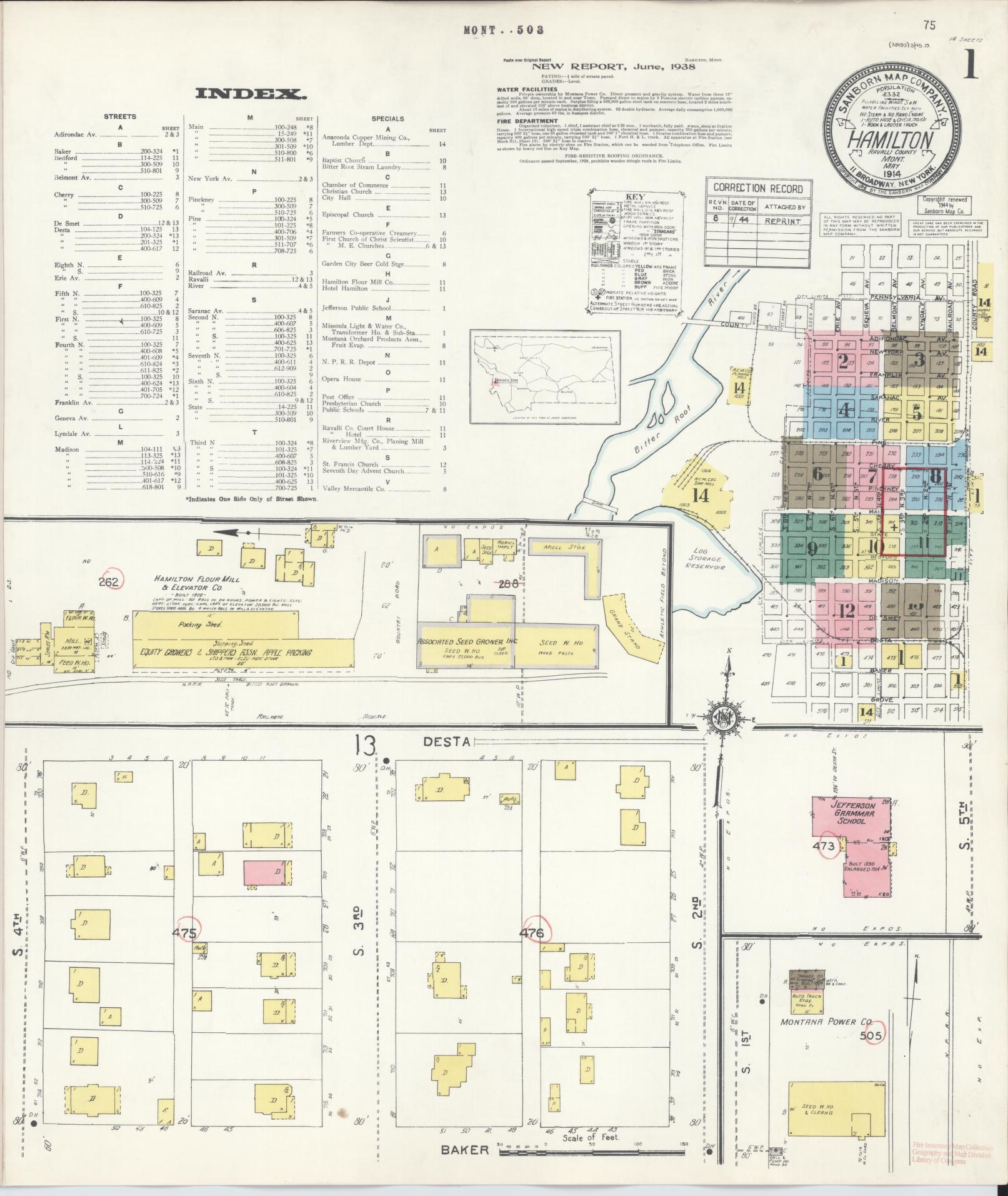 Sanborn Fire Insurance Map from Hamilton, Ravalli County, Montana (1944), Sheet #0001 - Historic Sanborn Fire Insurance Map Print, vintage old map wall art, antique decor, genealogy gift, Montana Montana map
