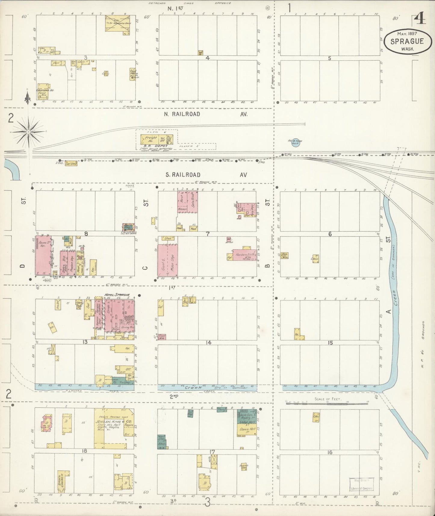 Sanborn Fire Insurance Map from Sprague, Lincoln County, Washington (1897), Sheet #0004 - Complete Map Set gallery image, historic Sanborn map, vintage wall art, Washington Washington
