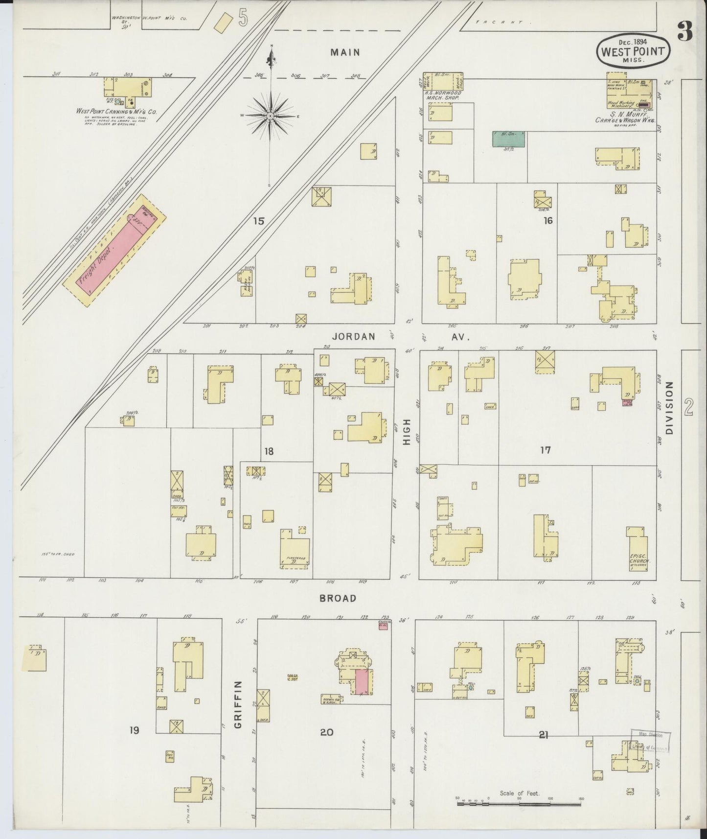 Sanborn Fire Insurance Map from West Point, Clay County, Mississippi (1894), Sheet #0003 - Complete Map Set gallery image, historic Sanborn map, vintage wall art, Mississippi Mississippi