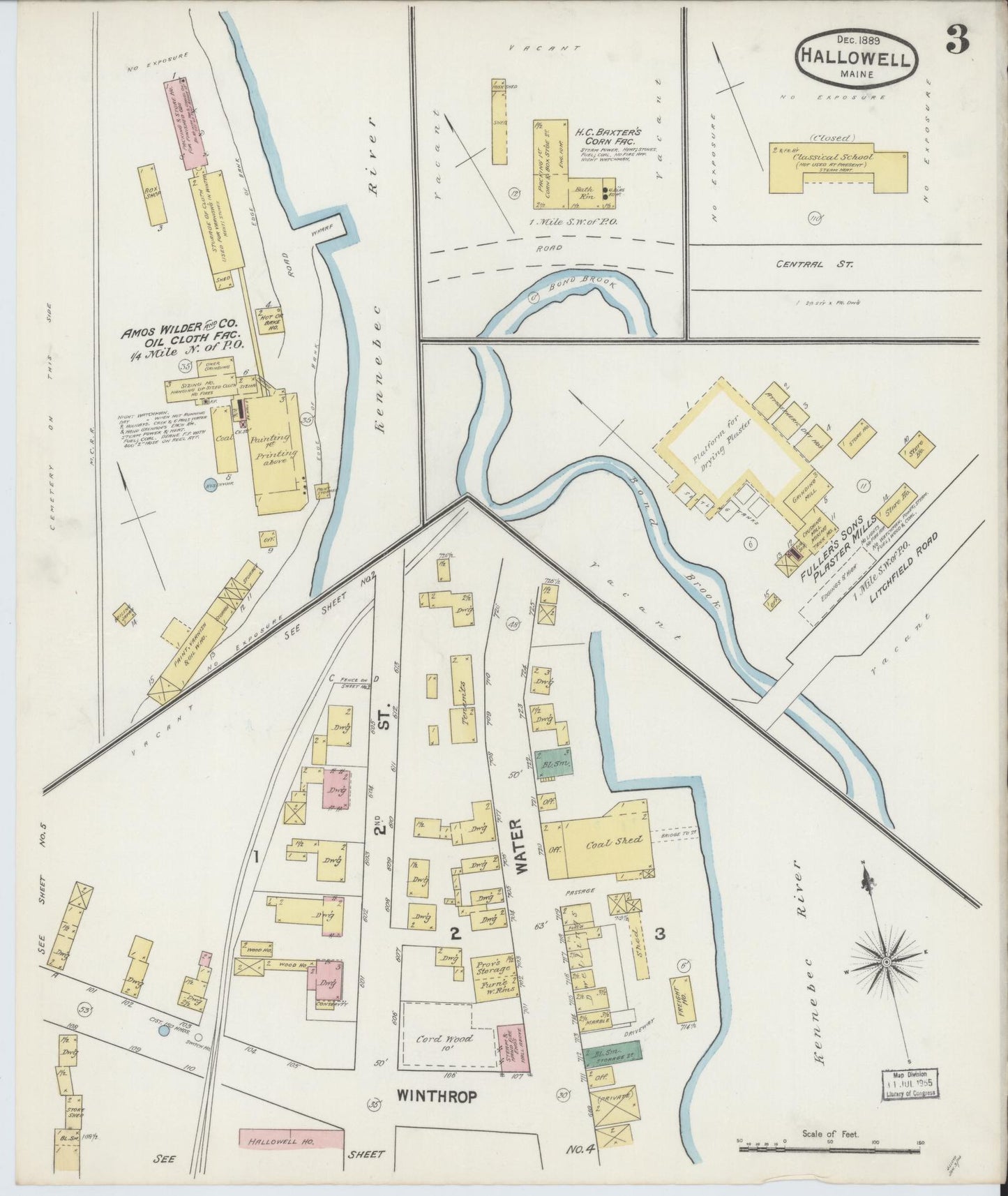 Sanborn Fire Insurance Map from Hallowell, Kennebec County, Maine (1889), Sheet #0003 - Complete Map Set gallery image, historic Sanborn map, vintage wall art, Maine Maine