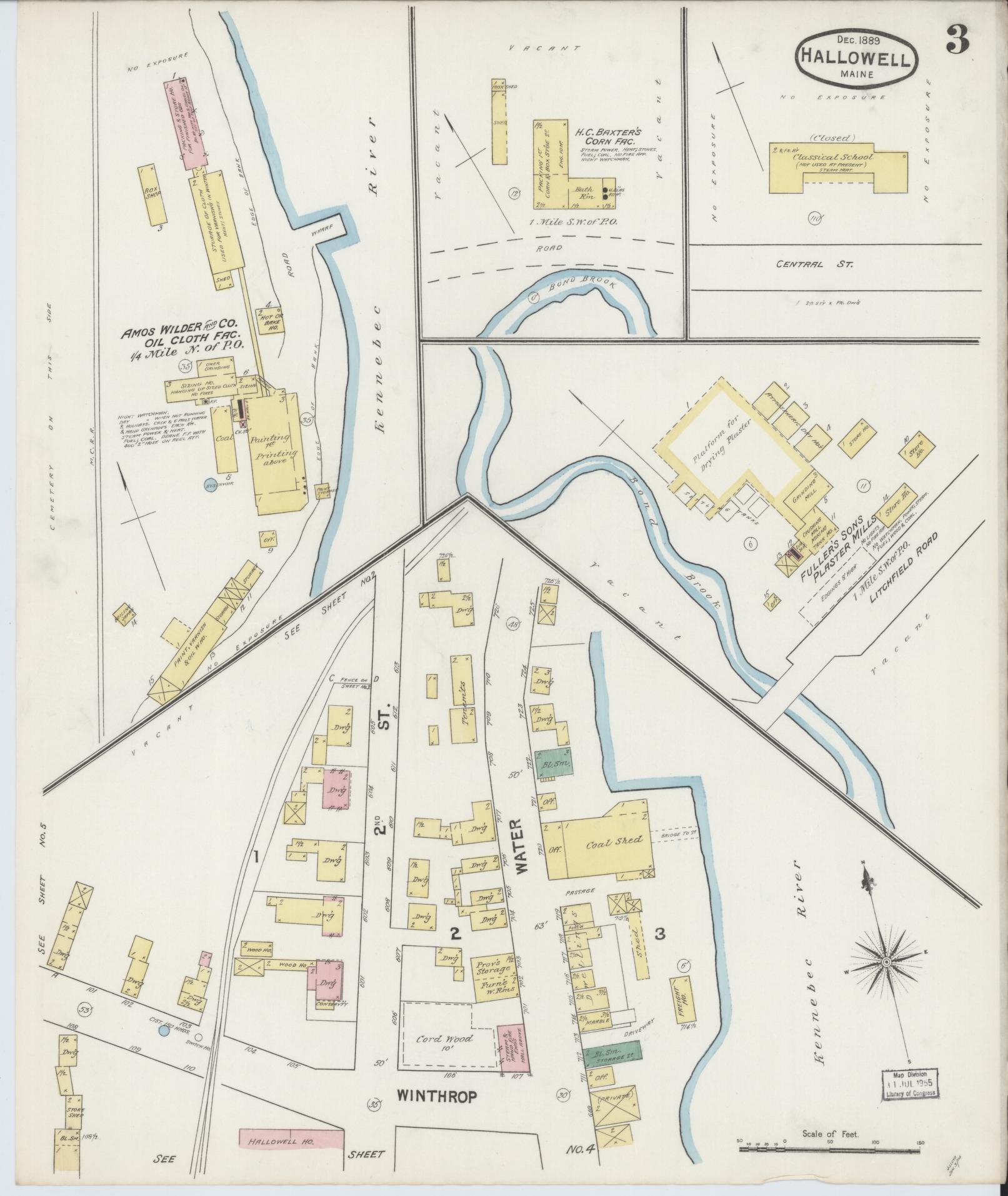 Sanborn Fire Insurance Map from Hallowell, Kennebec County, Maine (1889), Sheet #0003 - Complete Map Set gallery image, historic Sanborn map, vintage wall art, Maine Maine
