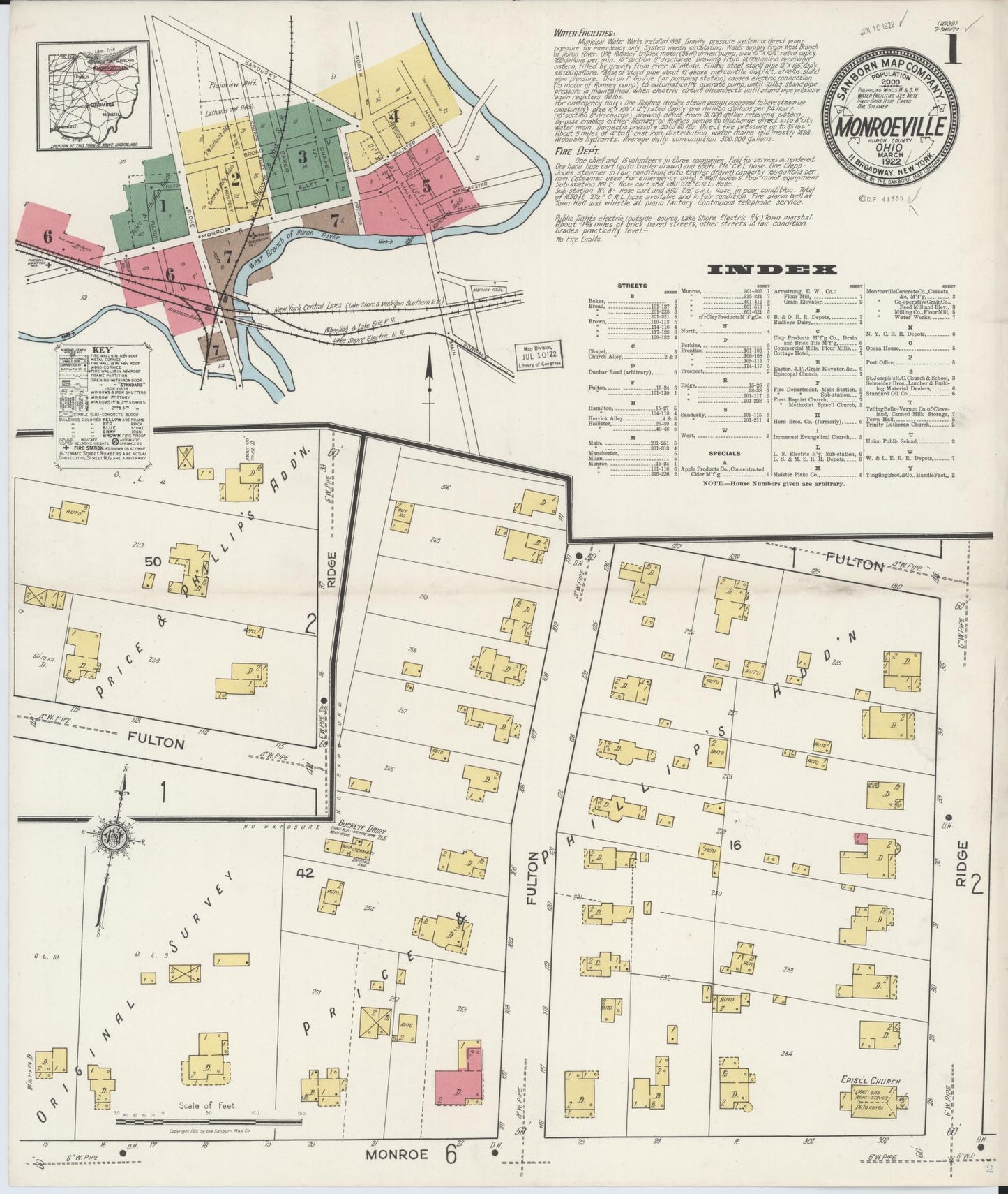 Sanborn Fire Insurance Map from Monroeville, Huron County, Ohio (1922), Sheet #0001 - Historic Sanborn Fire Insurance Map Print, vintage old map wall art, antique decor, genealogy gift, Ohio Ohio map