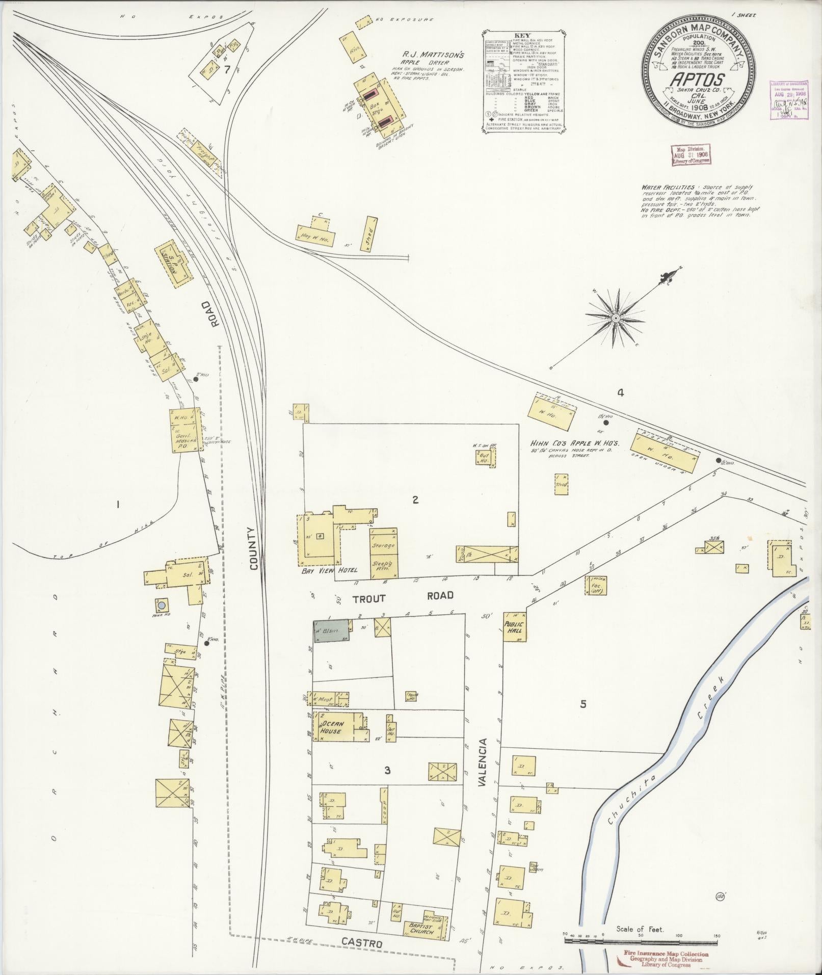 Sanborn Fire Insurance Map from Aptos, Santa Cruz County, California (1908), Sheet #0001 - Historic Sanborn Fire Insurance Map Print, vintage old map wall art, antique decor, genealogy gift, California California map