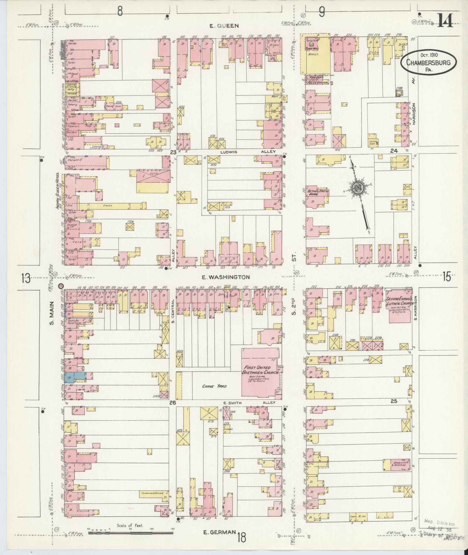 Sanborn Fire Insurance Map from Chambersburg, Franklin County, Pennsylvania (1910), Sheet #0014 - Historic Sanborn Fire Insurance Map Print, vintage old map wall art, antique decor, genealogy gift, Pennsylvania Pennsylvania map