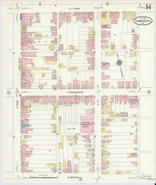 Sanborn Fire Insurance Map from Chambersburg, Franklin County, Pennsylvania (1910), Sheet #0014 - Historic Sanborn Fire Insurance Map Print, vintage old map wall art, antique decor, genealogy gift, Pennsylvania Pennsylvania map