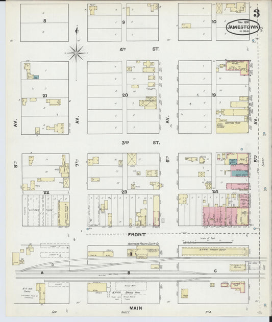 Sanborn Fire Insurance Map from Jamestown, Stutsman County, North Dakota (1891), Sheet #0003 - Historic Sanborn Fire Insurance Map Print, vintage old map wall art, antique decor, genealogy gift, North Dakota North Dakota map