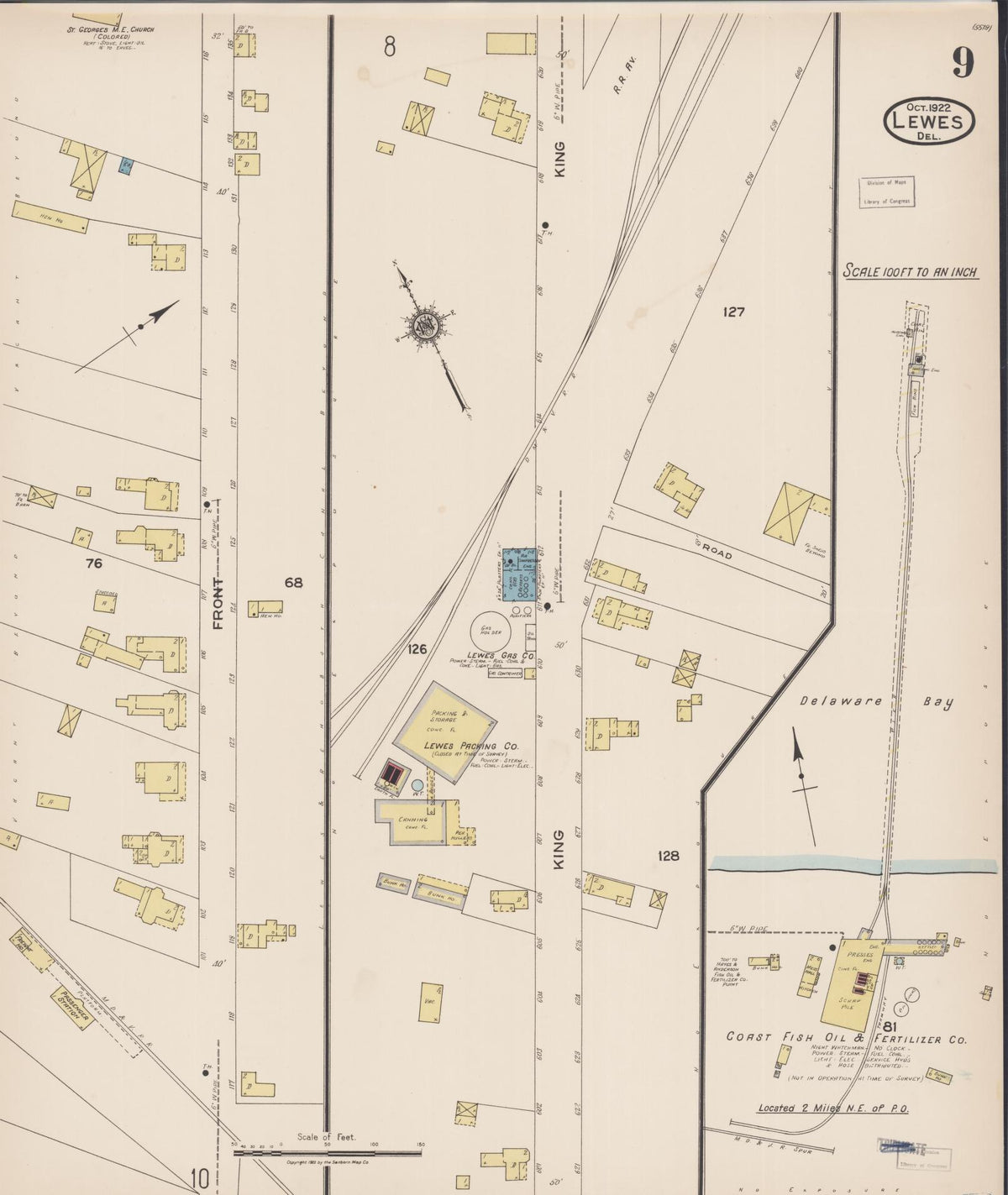 Sanborn Fire Insurance Map from Lewes, Sussex County, Delaware (1922), Sheet #0009 - Historic Sanborn Fire Insurance Map Print, vintage old map wall art, antique decor, genealogy gift, Delaware Delaware map