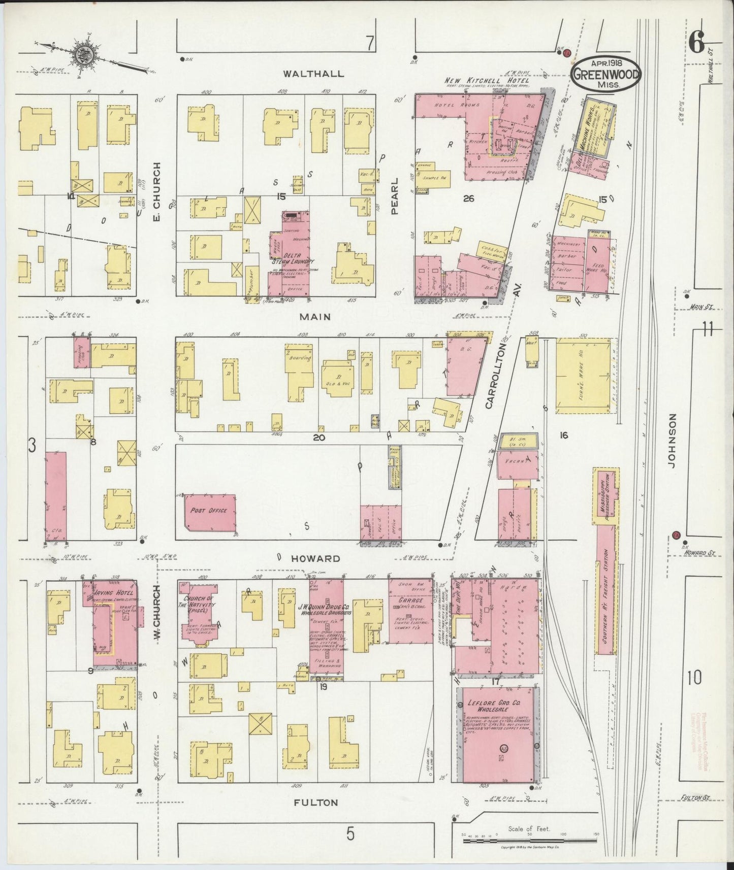 Sanborn Fire Insurance Map from Greenwood, Leflore County, Mississippi (1918), Sheet #0006 - Complete Map Set gallery image, historic Sanborn map, vintage wall art, Mississippi Mississippi