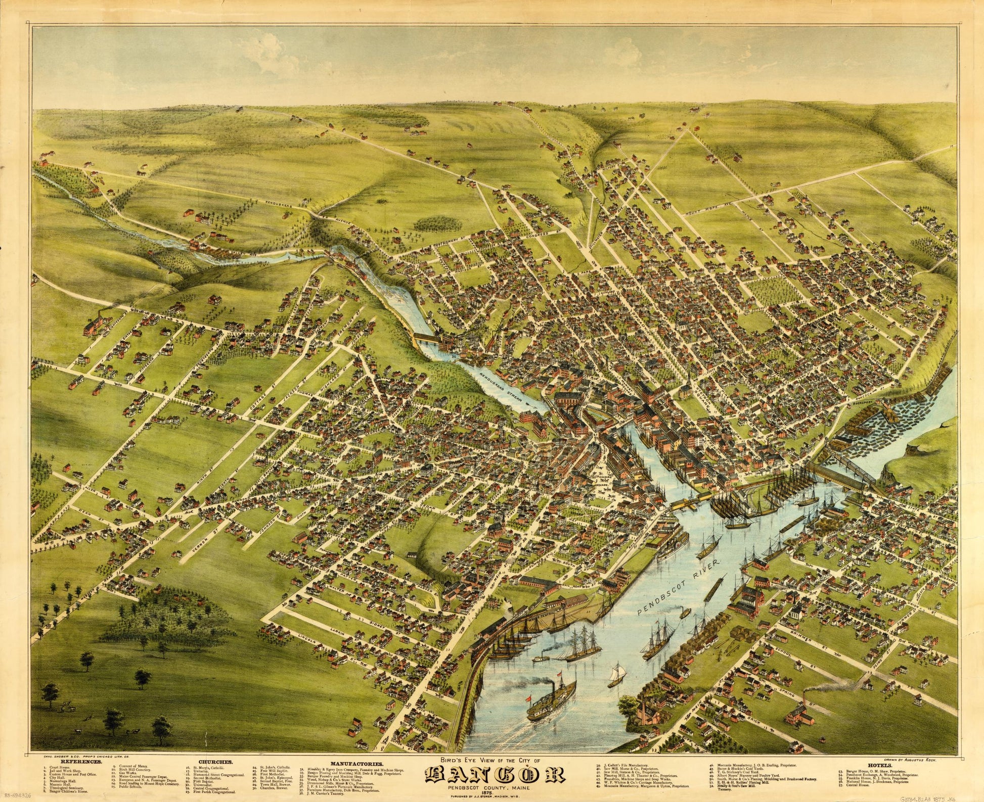 Bird's eye view of the City of Bangor, Penobscot County, Maine, 1875 (1875) – Historic Bird’s-Eye View Panorama Print