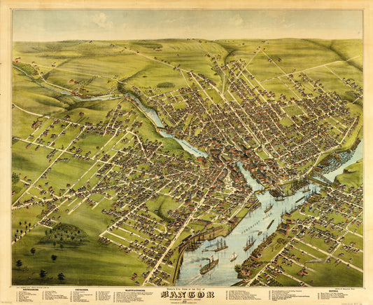 Bird's eye view of the City of Bangor, Penobscot County, Maine, 1875 (1875) – Historic Bird’s-Eye View Panorama Print
