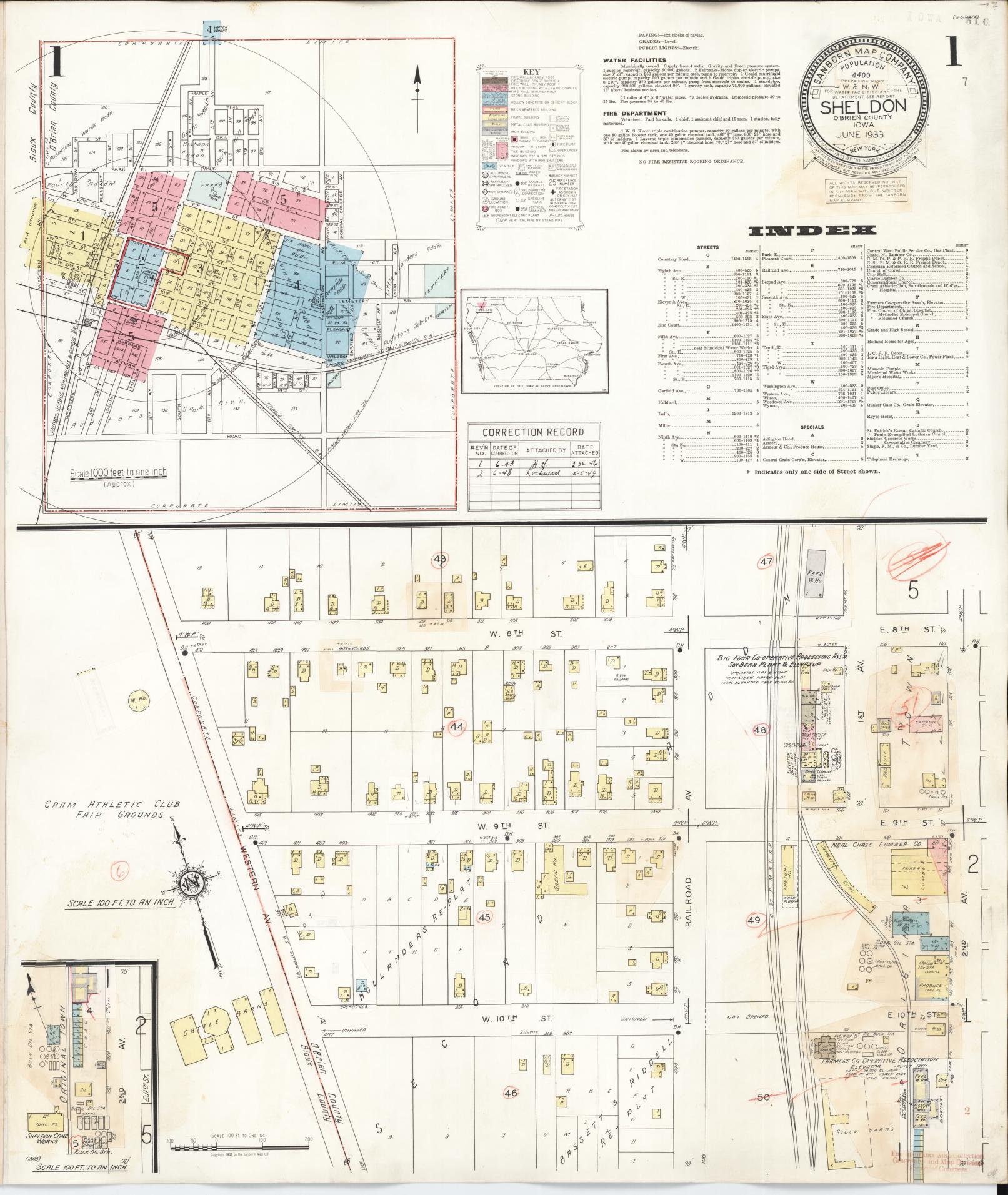 Sanborn Fire Insurance Map from Sheldon, O'Brien County, Iowa (1948), Sheet #0001 - Historic Sanborn Fire Insurance Map Print, vintage old map wall art