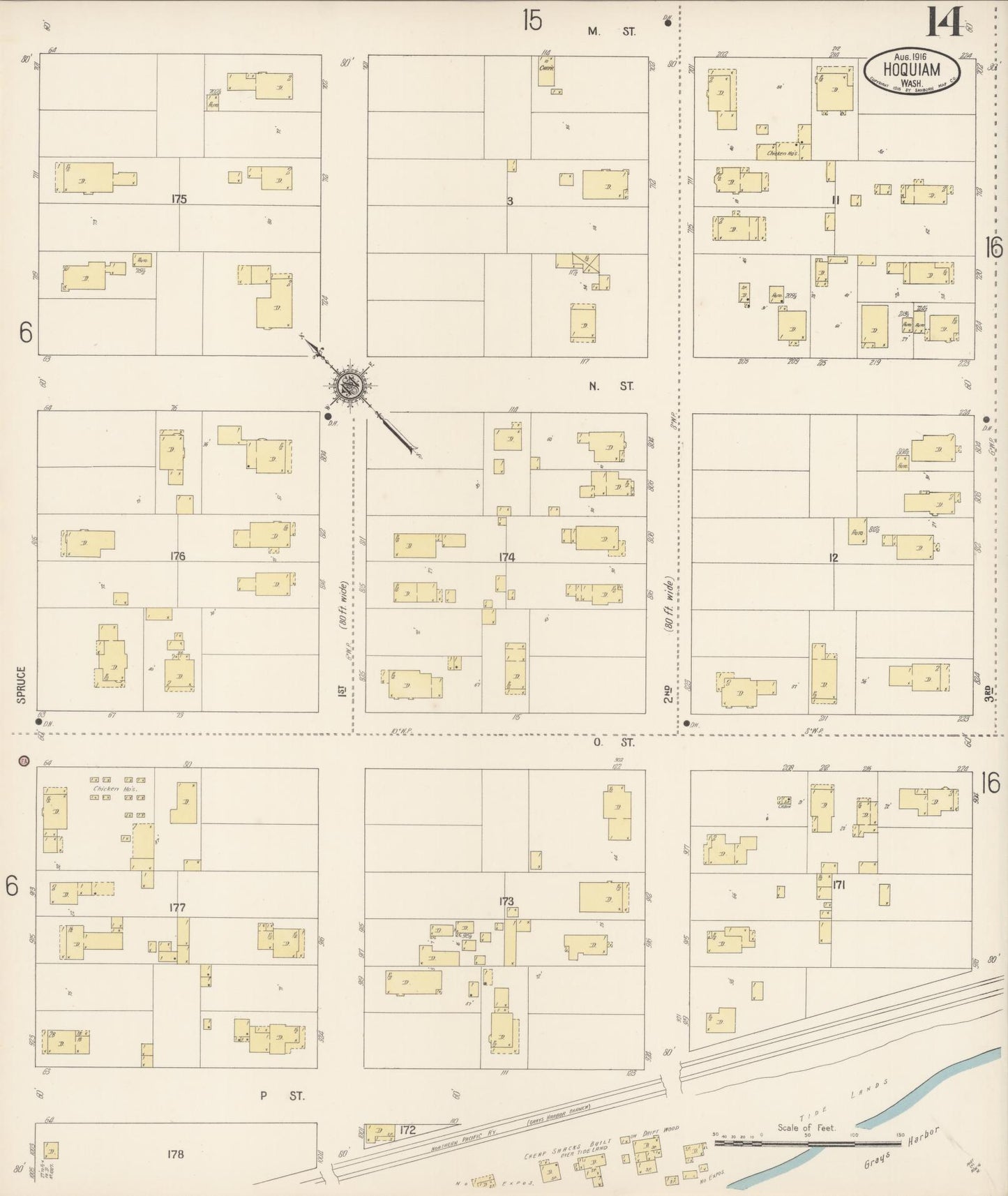 Sanborn Fire Insurance Map from Hoquiam, Grays Harbor County, Washington (1916), Sheet #0014 - Complete Map Set gallery image, historic Sanborn map, vintage wall art, Washington Washington