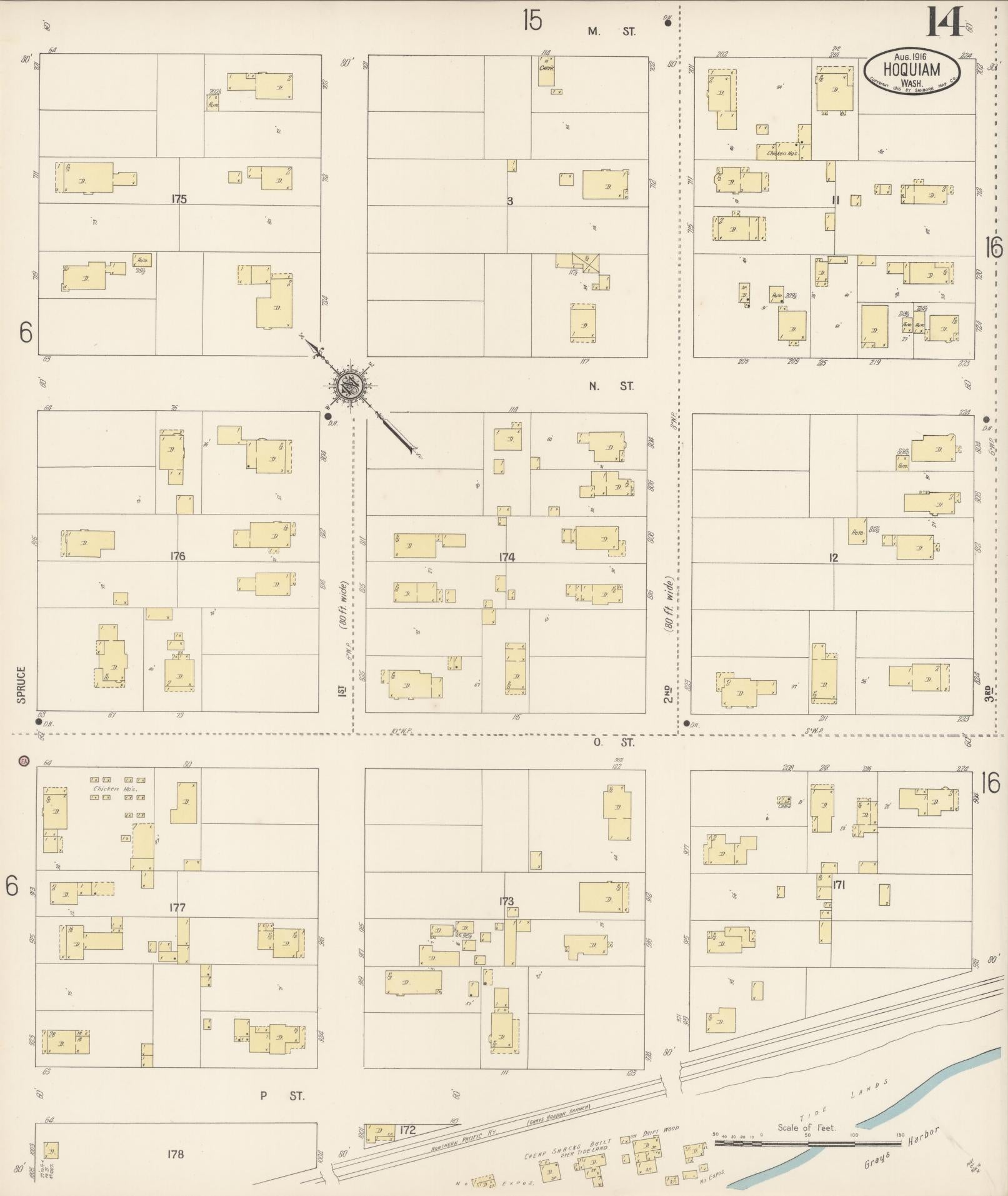 Sanborn Fire Insurance Map from Hoquiam, Grays Harbor County, Washington (1916), Sheet #0014 - Complete Map Set gallery image, historic Sanborn map, vintage wall art, Washington Washington