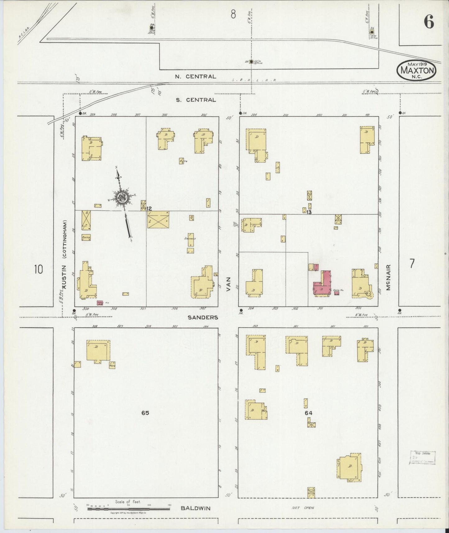 Sanborn Fire Insurance Map from Maxton, Robeson County, North Carolina (1919), Sheet #0006 - Complete Map Set gallery image, historic Sanborn map, vintage wall art, North Carolina North Carolina