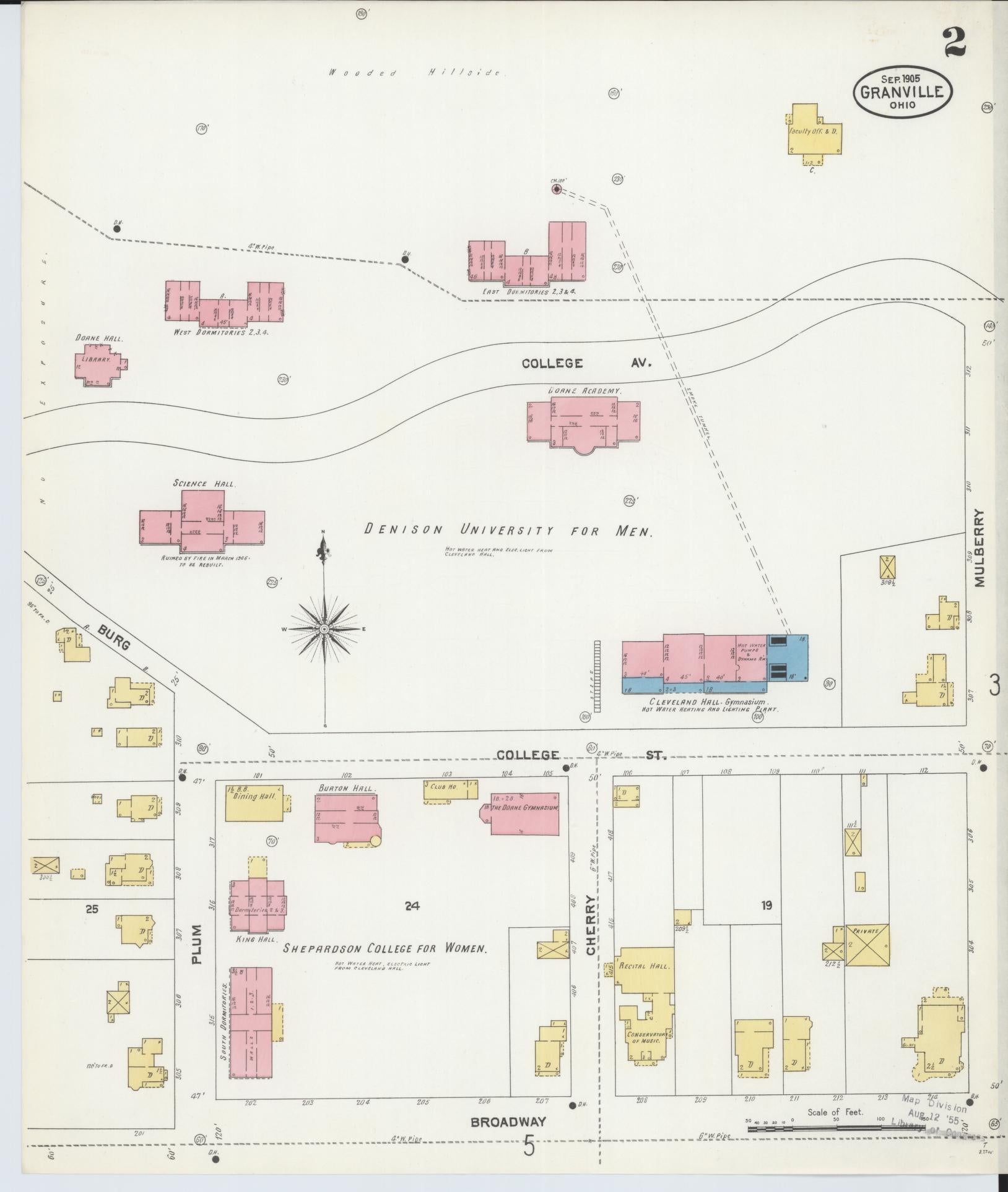 Sanborn Fire Insurance Map from Granville, Licking County, Ohio (1905), Sheet #0002 - Historic Sanborn Fire Insurance Map Print, vintage old map wall art, antique decor, genealogy gift, Ohio Ohio map