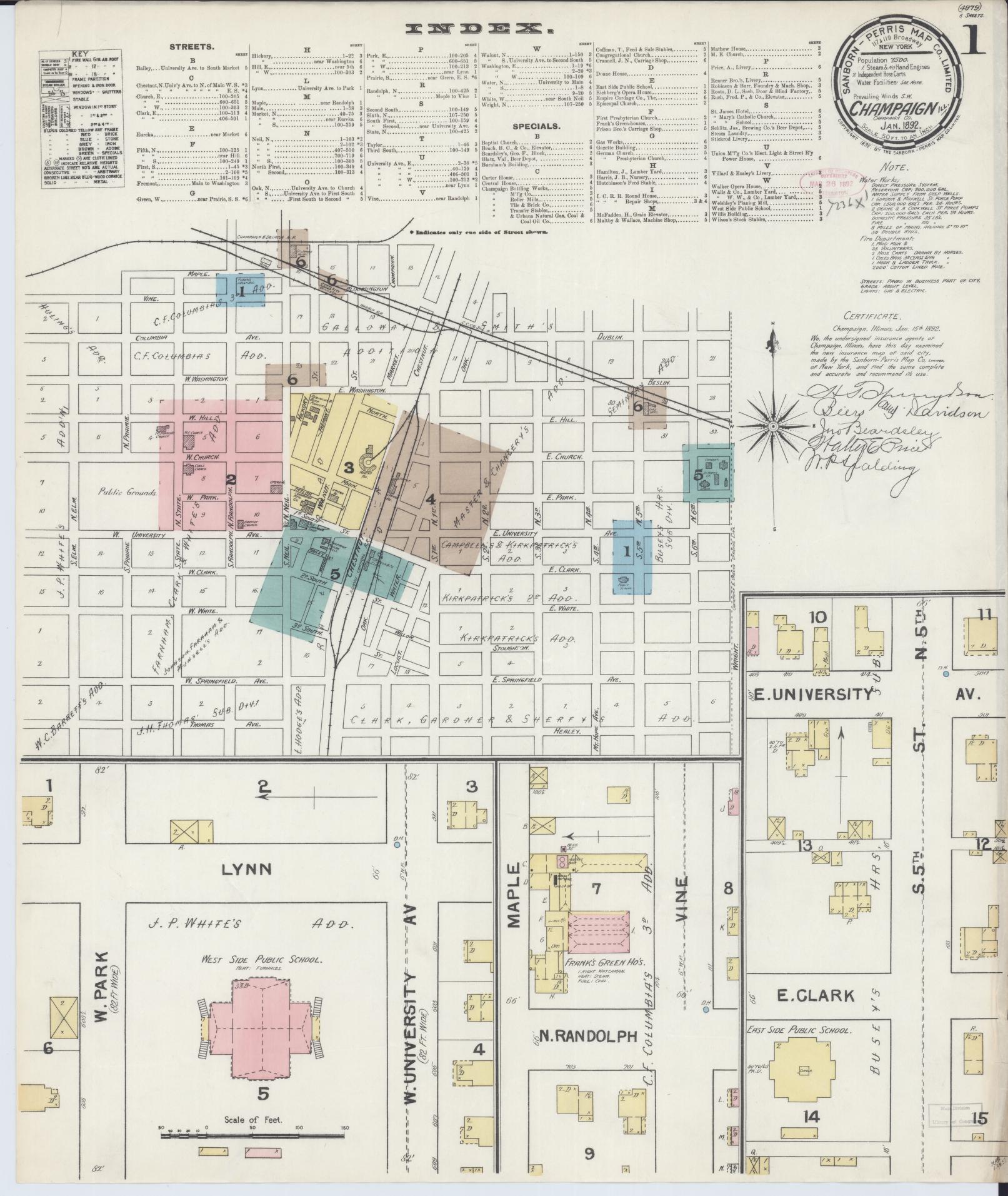 Sanborn Fire Insurance Map from Champaign, Champaign County, Illinois (1892), Sheet #0001 - Complete Map Set gallery image, historic Sanborn map, vintage wall art, Illinois Illinois