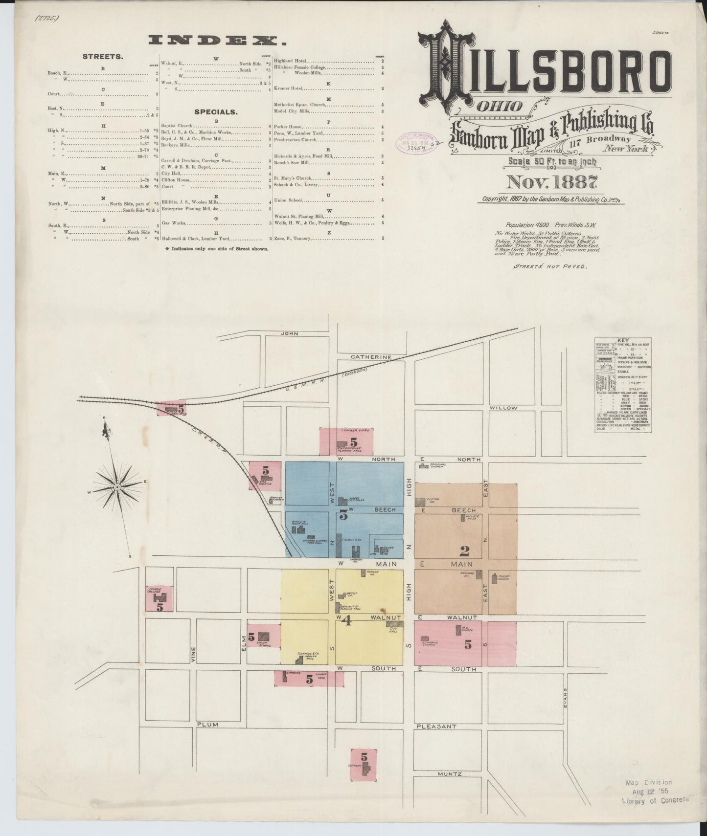 Sanborn Fire Insurance Map from Hillsboro, Highland County, Ohio (1887), Sheet #0001 - Historic Sanborn Fire Insurance Map Print, vintage old map wall art, antique decor, genealogy gift, Ohio Ohio map